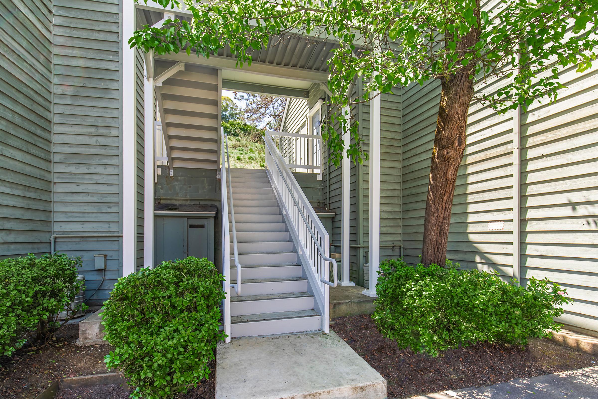 A set of white outdoor stairs leads up to a covered entryway between two green-paneled buildings. Lush, rounded shrubs frame the base of the stairs, and a small tree stands to the right. The area is well-lit and showcases a clean, maintained environment.