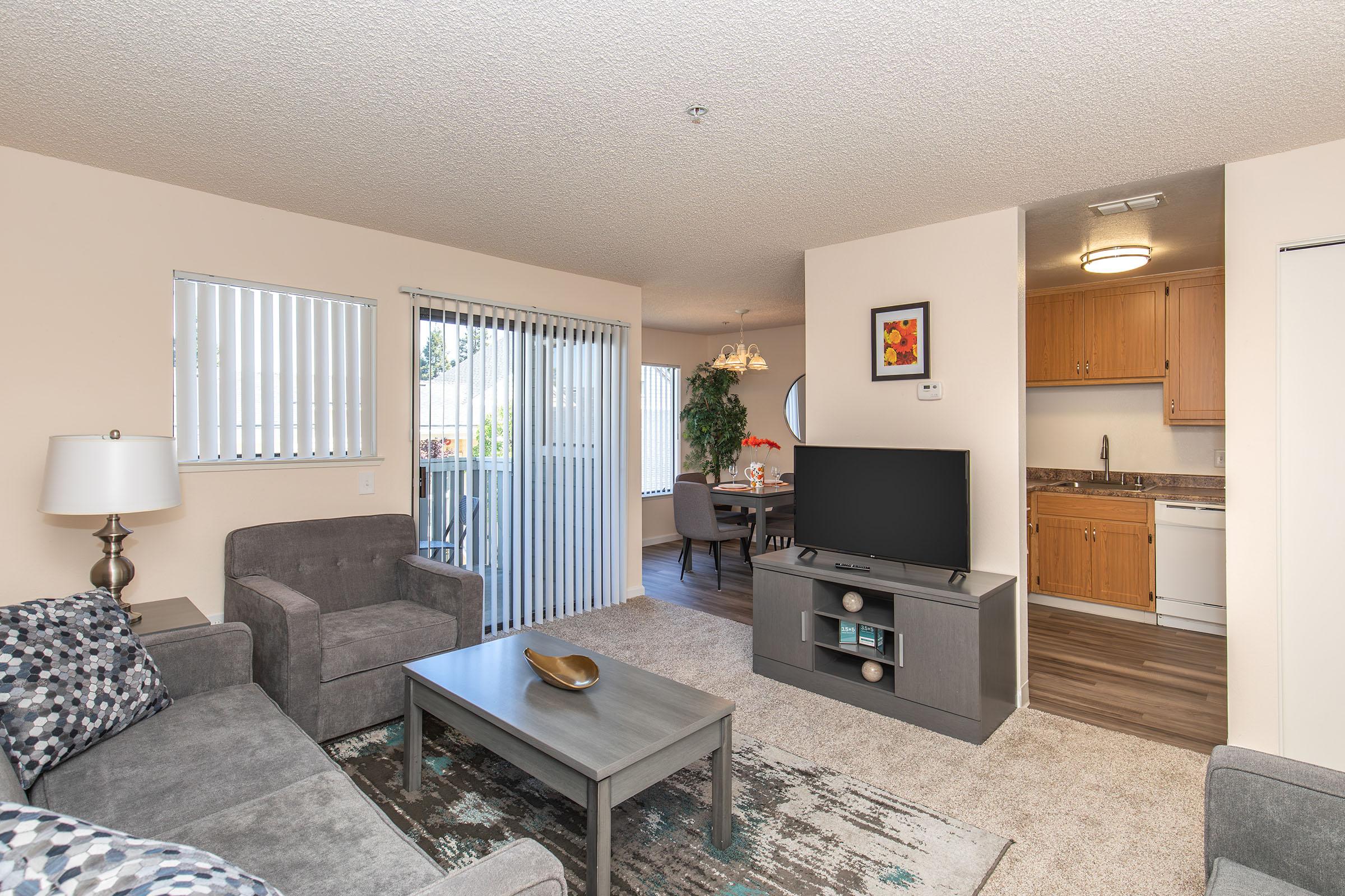 A cozy living room with gray couches and a coffee table, featuring a television and decorative items. Natural light streams in through blinds on the windows. In the background, there's a dining area with a table and chairs, and an open kitchen with wooden cabinets, creating a warm and inviting atmosphere.
