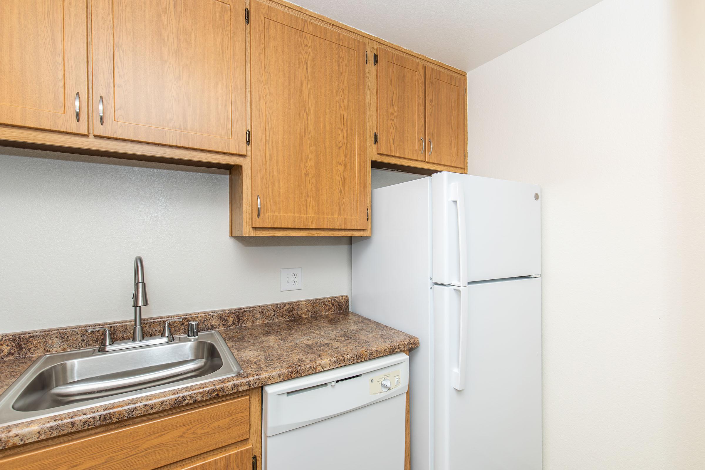A compact kitchen featuring wooden cabinets, a sink, a dishwasher, and a white refrigerator. The countertop is made of dark stone, and the walls are painted light. There is ample storage above and below the countertop, creating a functional and organized space.
