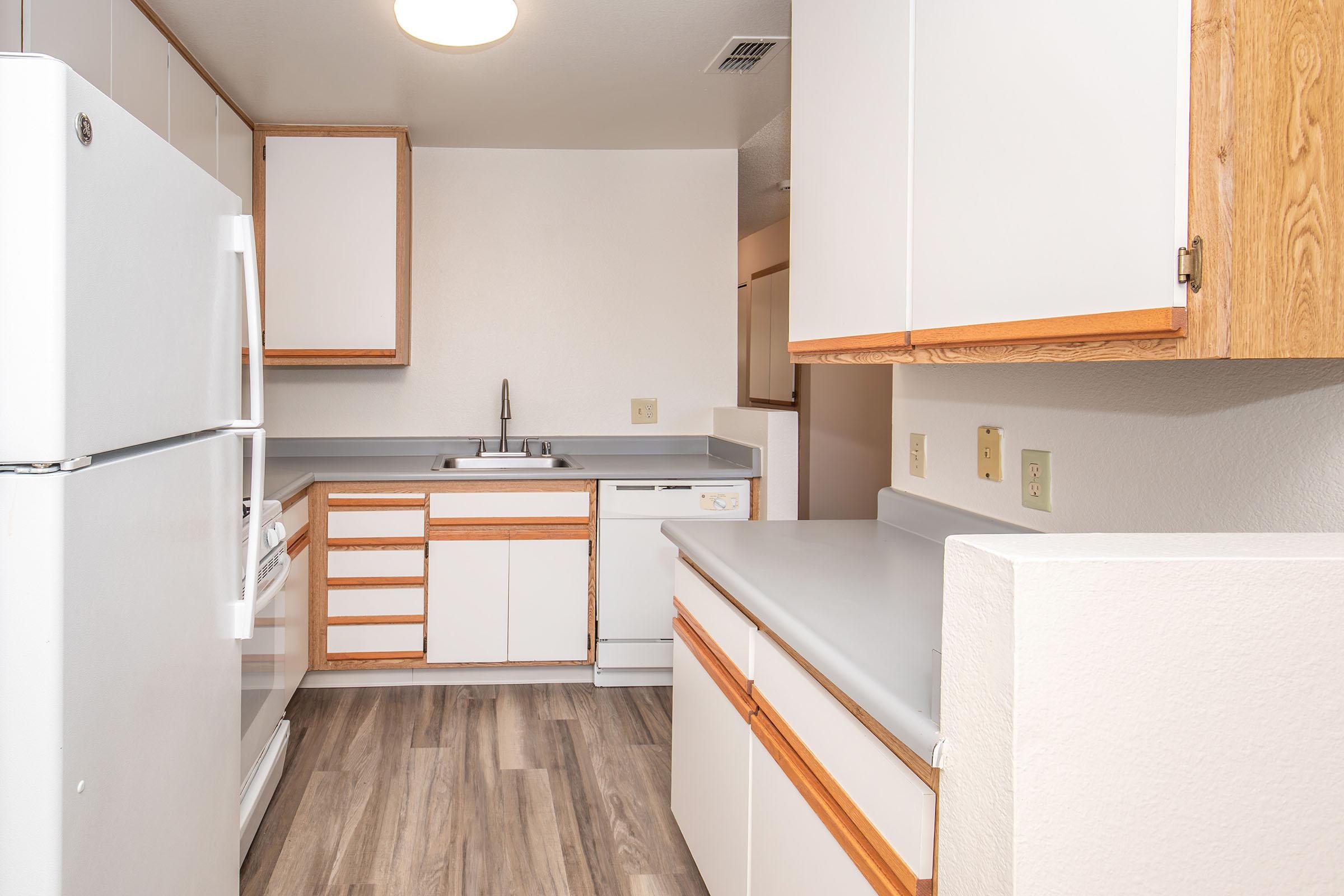 A modern kitchen featuring white cabinets with wooden accents, a large fridge, a double sink, and a dishwasher. The countertop is grey, and the flooring resembles light wood. The kitchen is well-lit with natural light and has a clean, minimalist design.