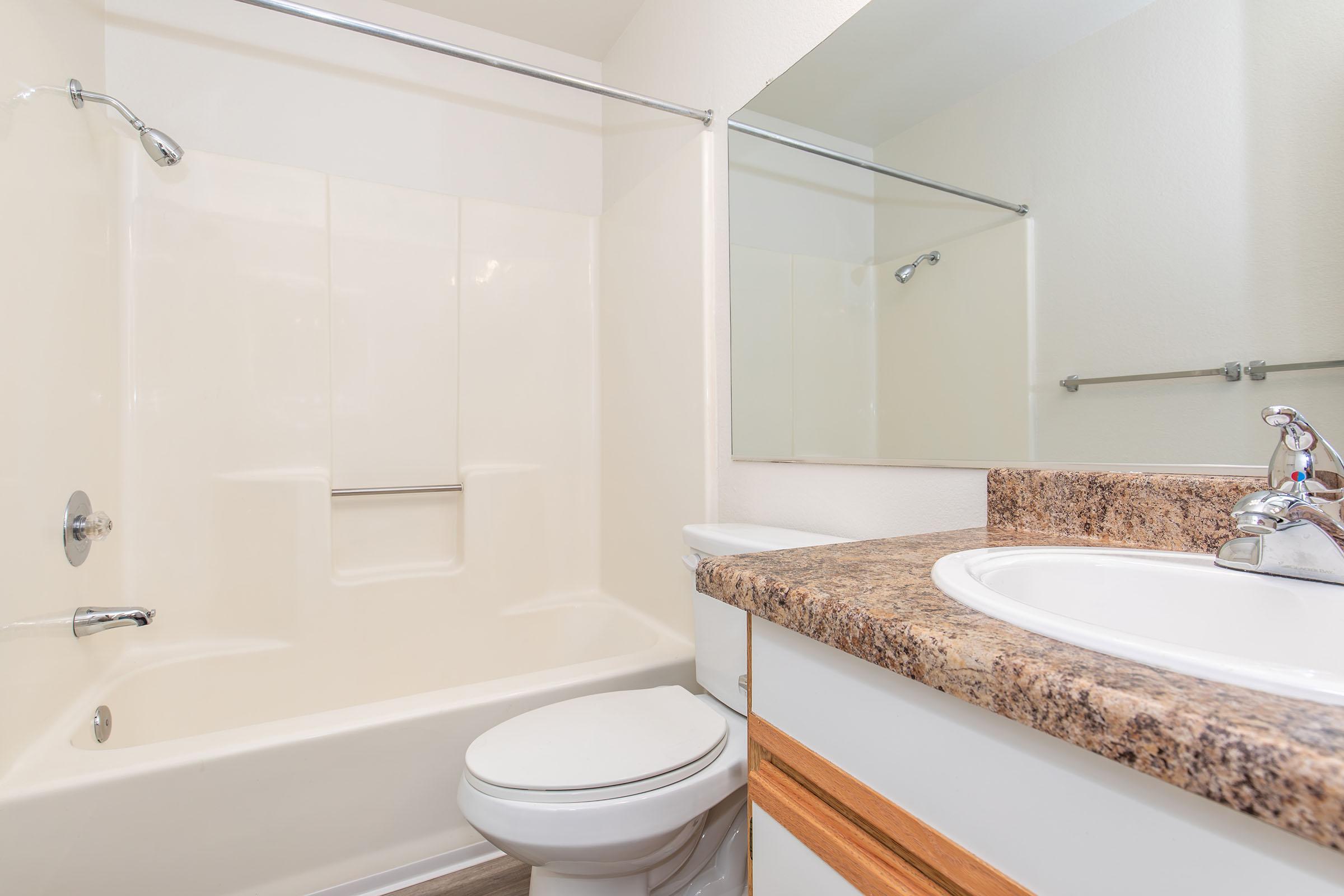 A clean and modern bathroom featuring a bathtub with a shower, a toilet, and a sink with a granite countertop. The walls are light-colored, and there is a large mirror above the sink. The space is well-lit and tidy, with minimal decor.