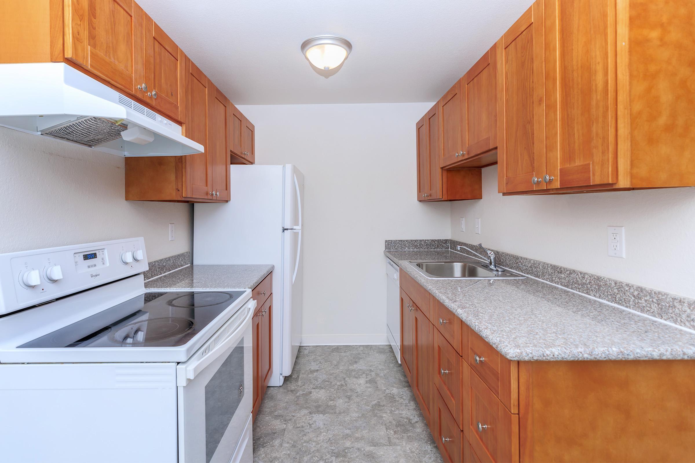 a kitchen with a stove refrigerator and wooden cabinets