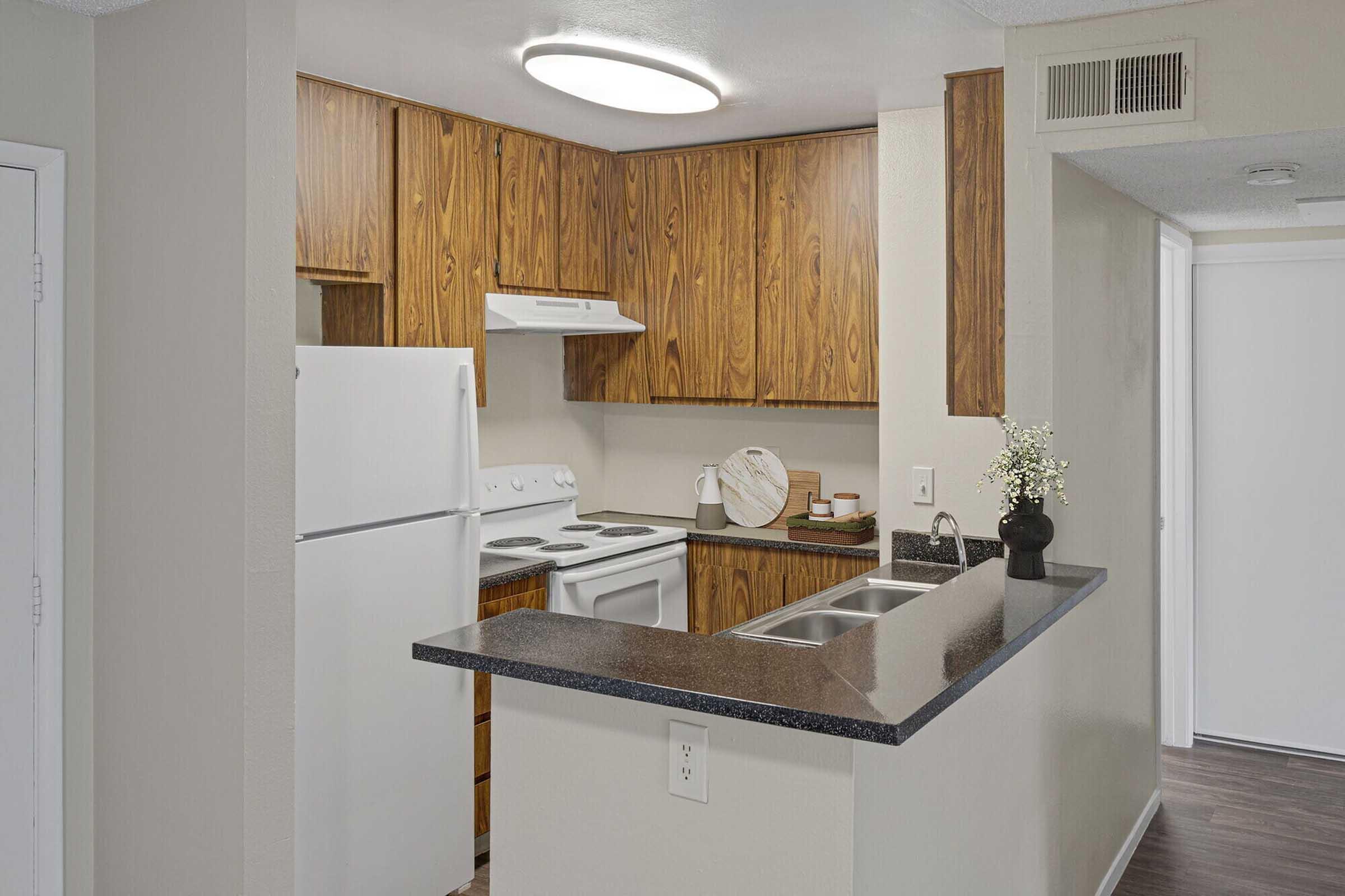 A modern kitchen with wooden cabinets, a white refrigerator, and stove. It features a dark countertop with a sink and a small vase of flowers. The space is well-lit with overhead lighting and has a light-colored wall and flooring.