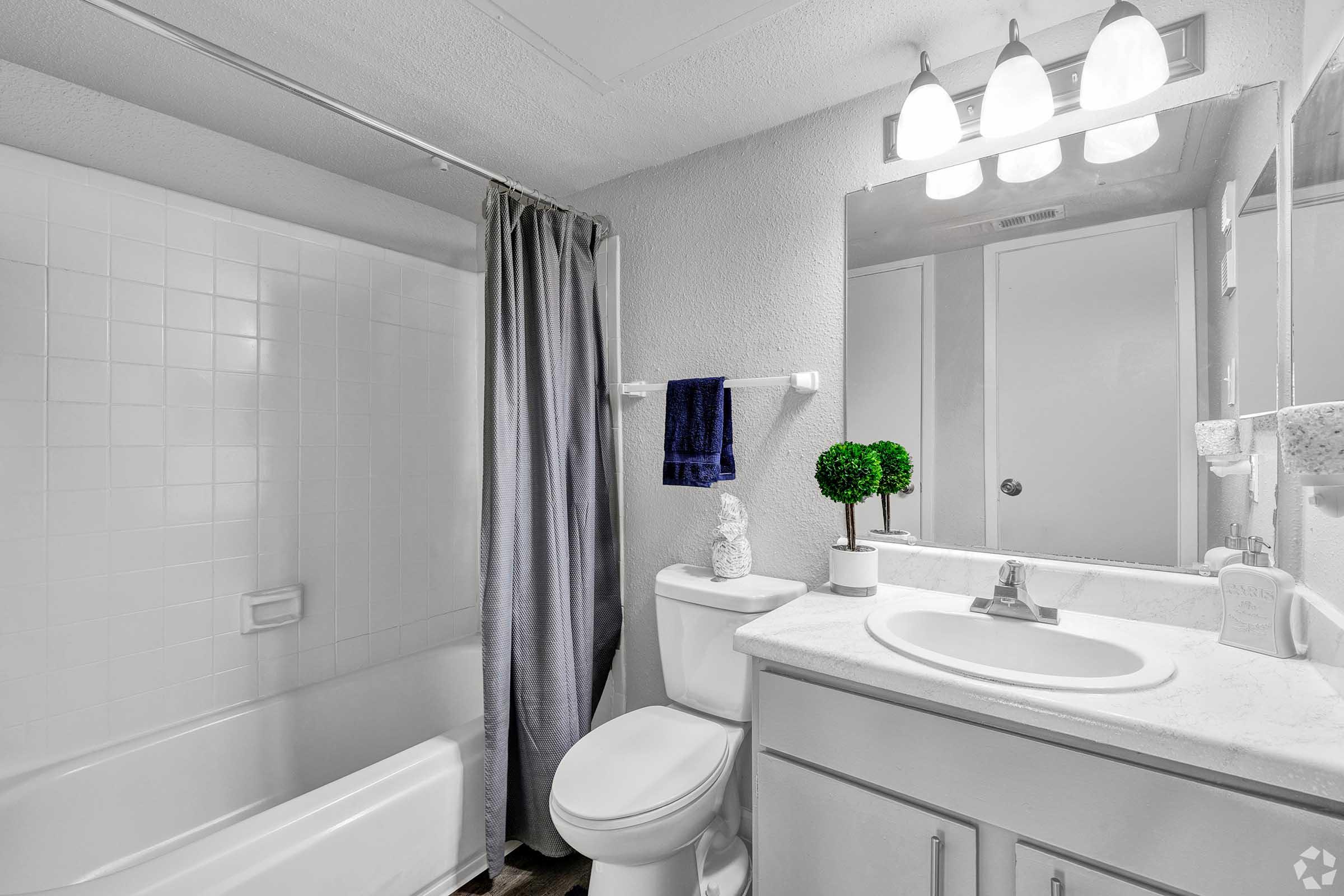 A clean and modern bathroom with a white tub, gray shower curtain, and a well-lit vanity mirror. The countertop is adorned with a small decorative plant and a soap dispenser, while a blue towel hangs on a rack. Light fixtures above the mirror provide ample illumination in the space.