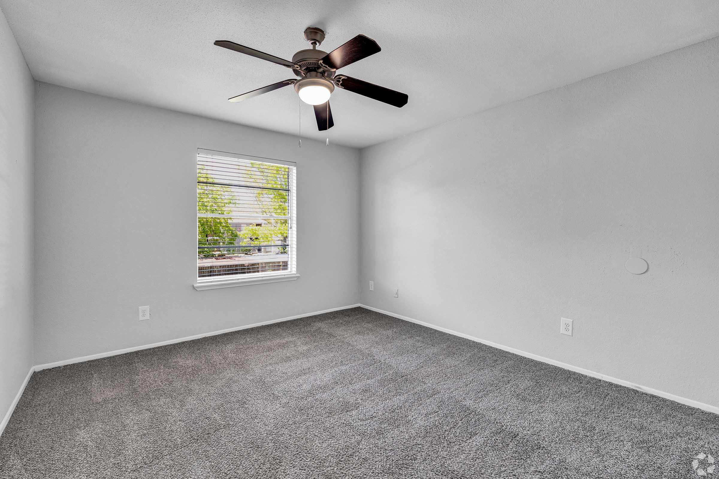 Empty room with gray carpet, a ceiling fan with light, and a window with blinds. Natural light streams in through the window, illuminating the plain, pale gray walls. The room appears spacious and ready for furniture.