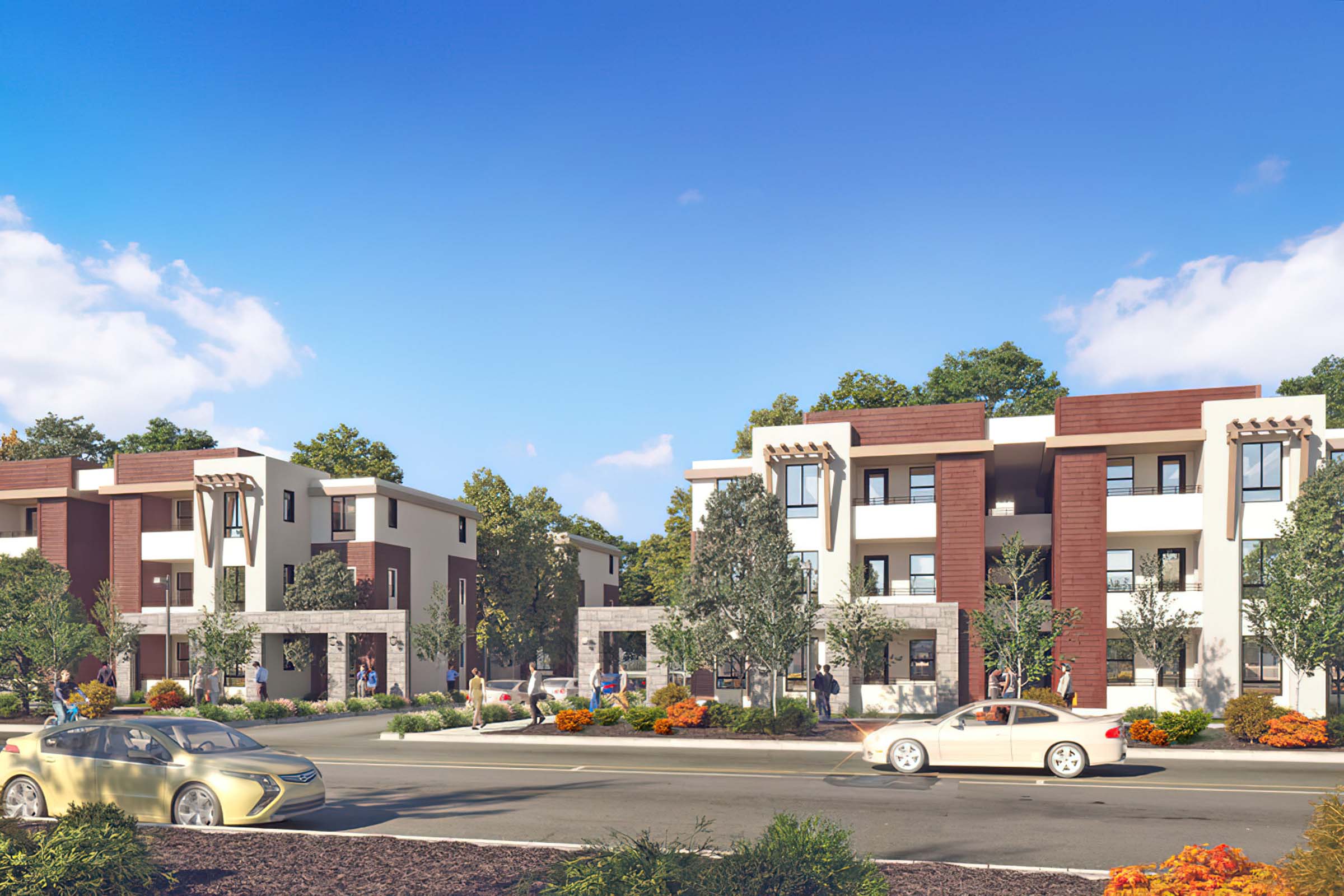 A digital rendering of a modern residential building complex featuring multiple three-story buildings with a combination of white and brown exteriors.