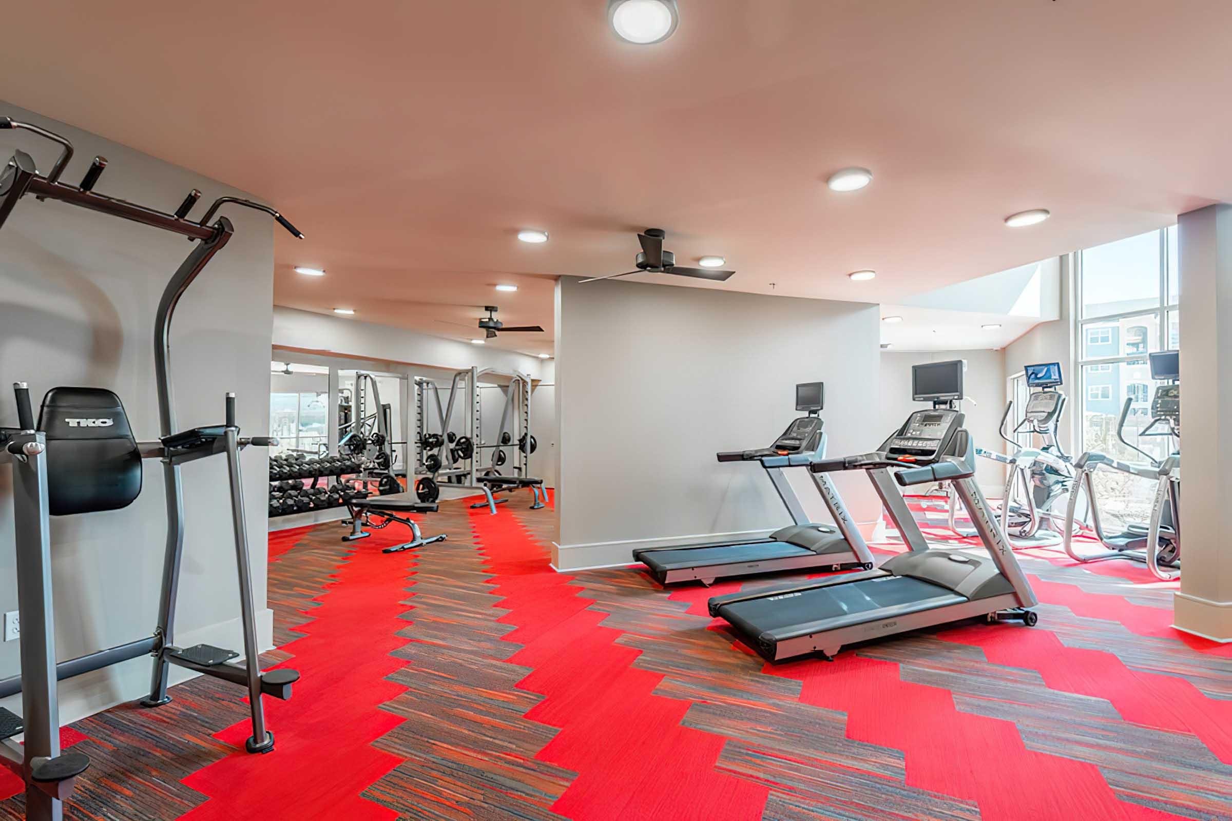 A modern gym interior featuring several exercise machines, including treadmills and weightlifting equipment.