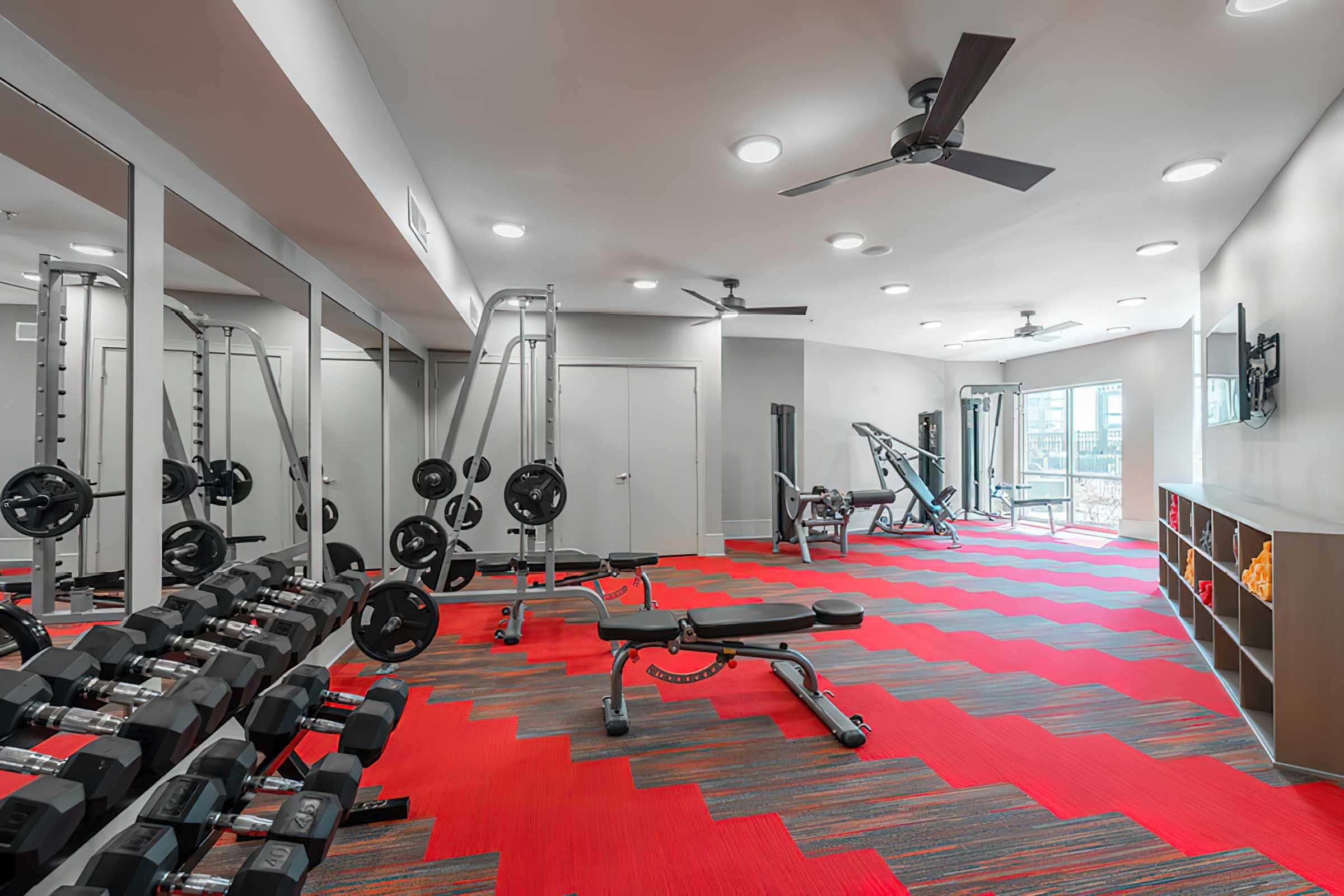 A modern gym interior featuring a row of dumbbells, a weight bench, and exercise equipment against a backdrop of large mirrors.