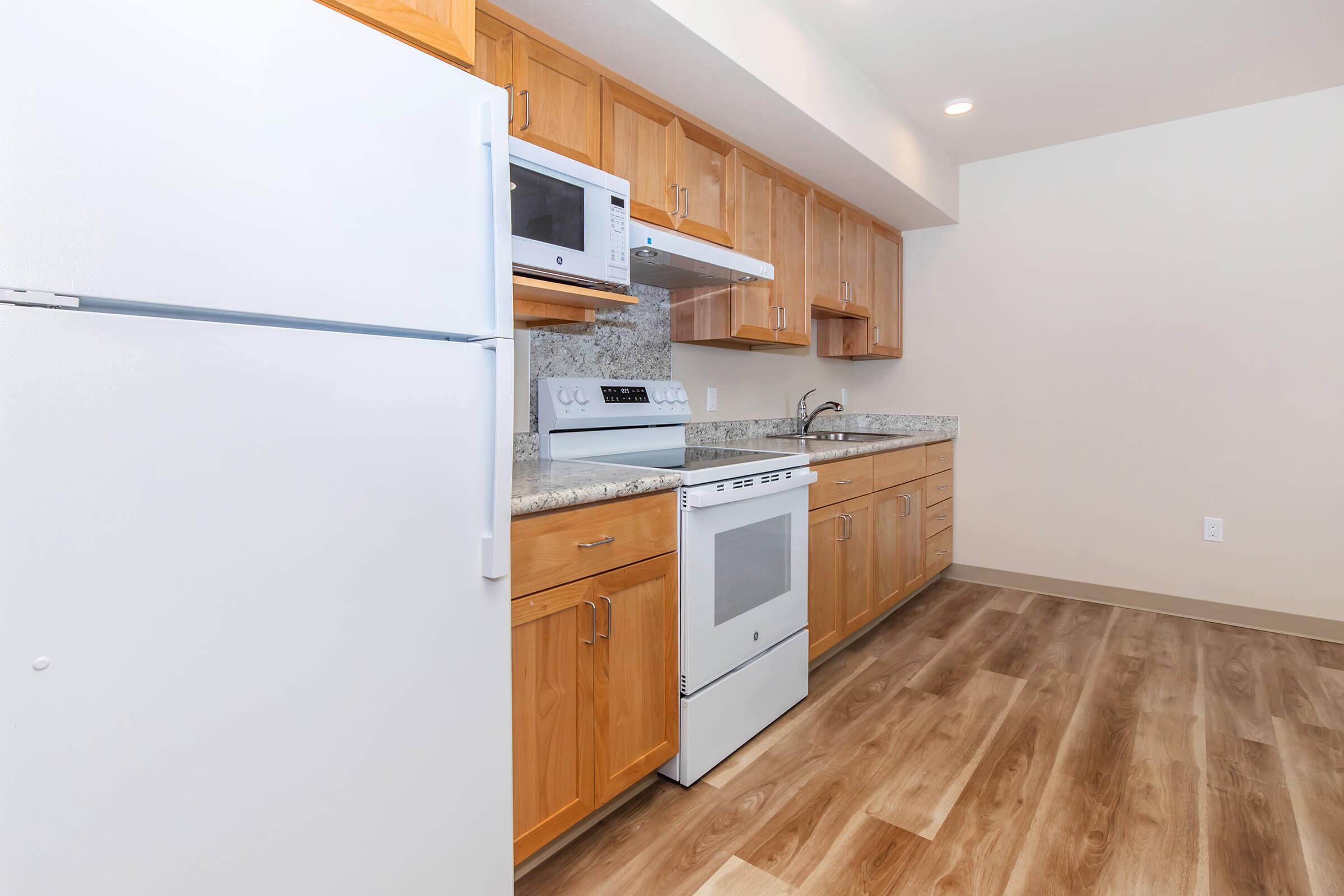 a kitchen with a stove and a refrigerator