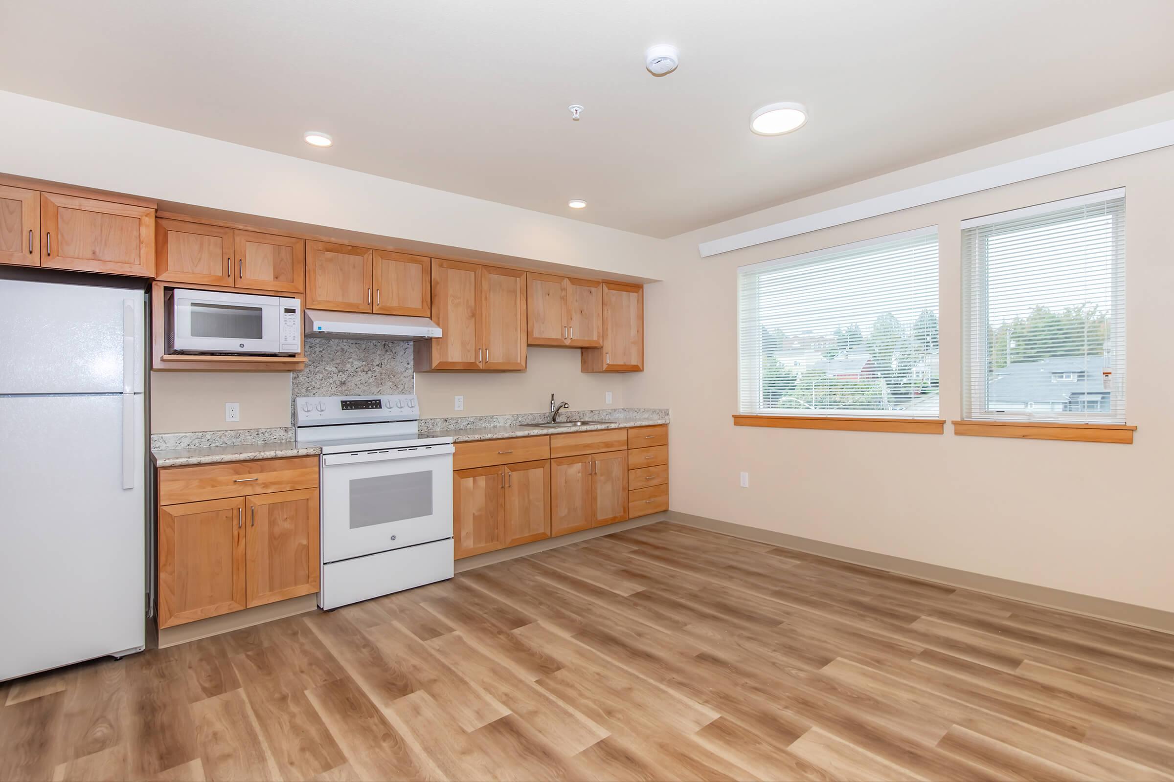 a kitchen with wooden cabinets and a wood floor