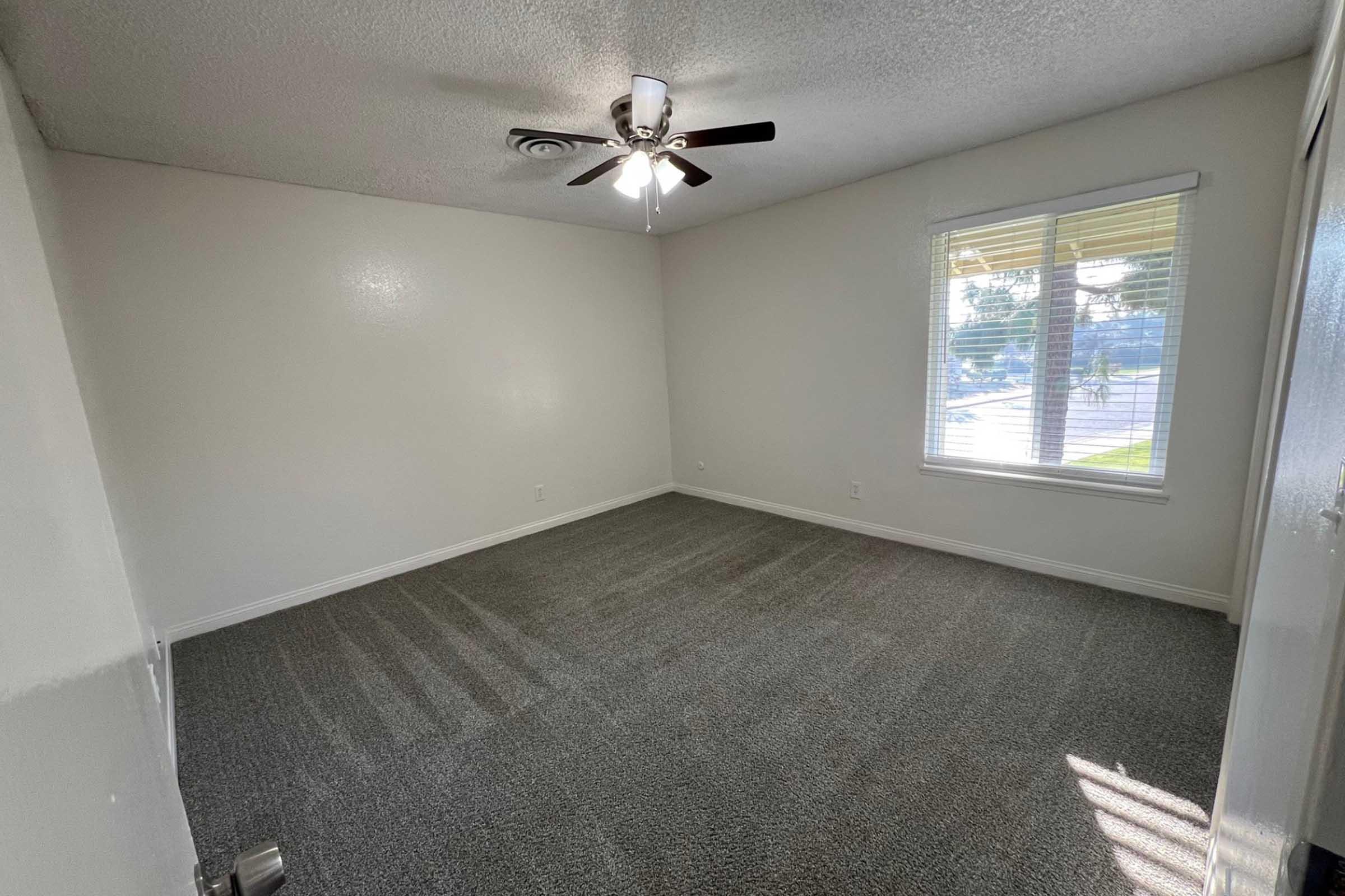 A clean, empty room with light gray carpet and white walls. A ceiling fan is mounted in the center, and natural light streams through a window with blinds, casting shadows on the floor. The area is well-lit and spacious, giving a fresh, inviting feel.