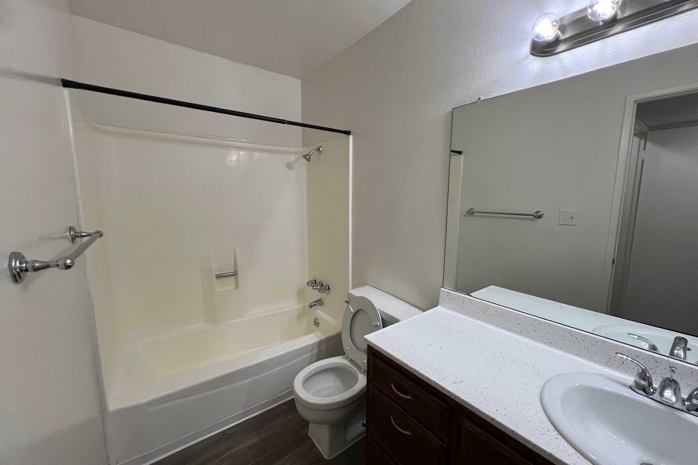 A clean bathroom featuring a bathtub with shower, a toilet, and a vanity with a sink and mirror. The walls are painted in a light color, and the floor is adorned with wood-like tiles. A light fixture is mounted above the mirror. The space is well-lit and organized.