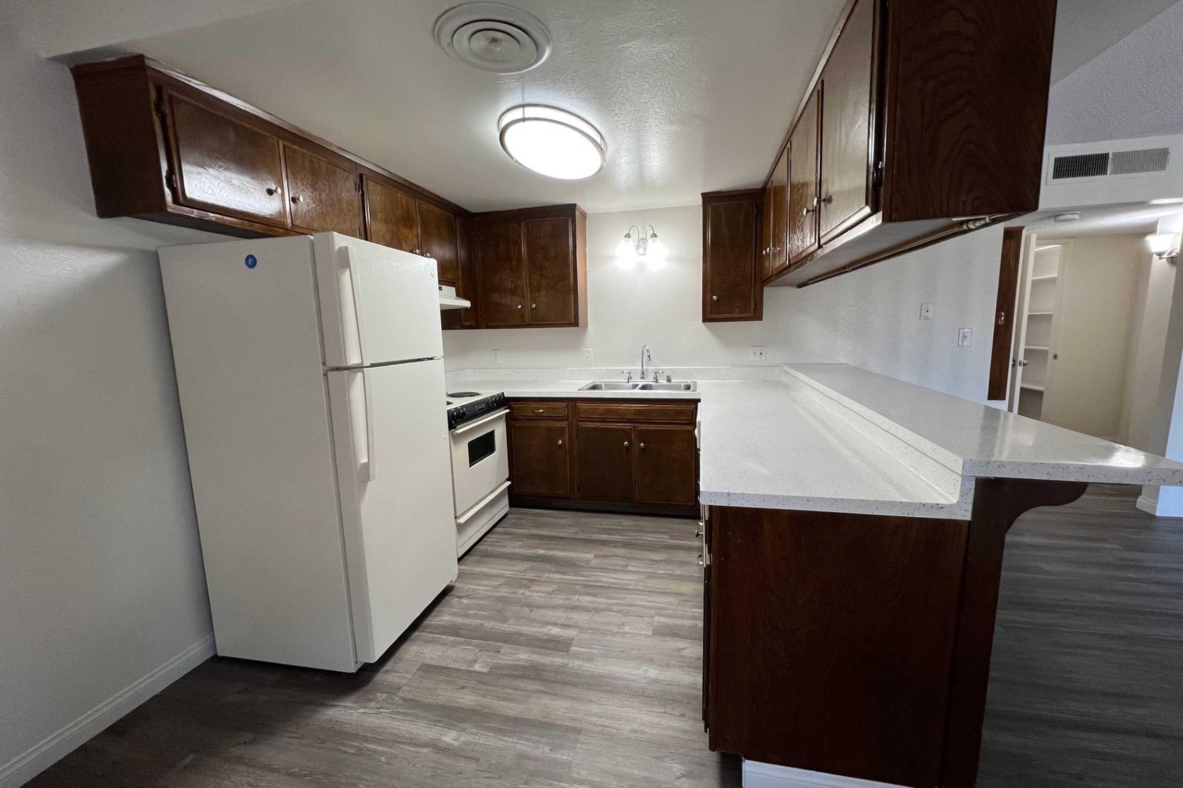 A modern kitchen featuring wooden cabinets, a white refrigerator, a gas stove, and a sink. The countertops are light with a smooth finish. The floor is dark, resembling wood, and there is a ceiling light fixture. The layout is open, creating a spacious feel.