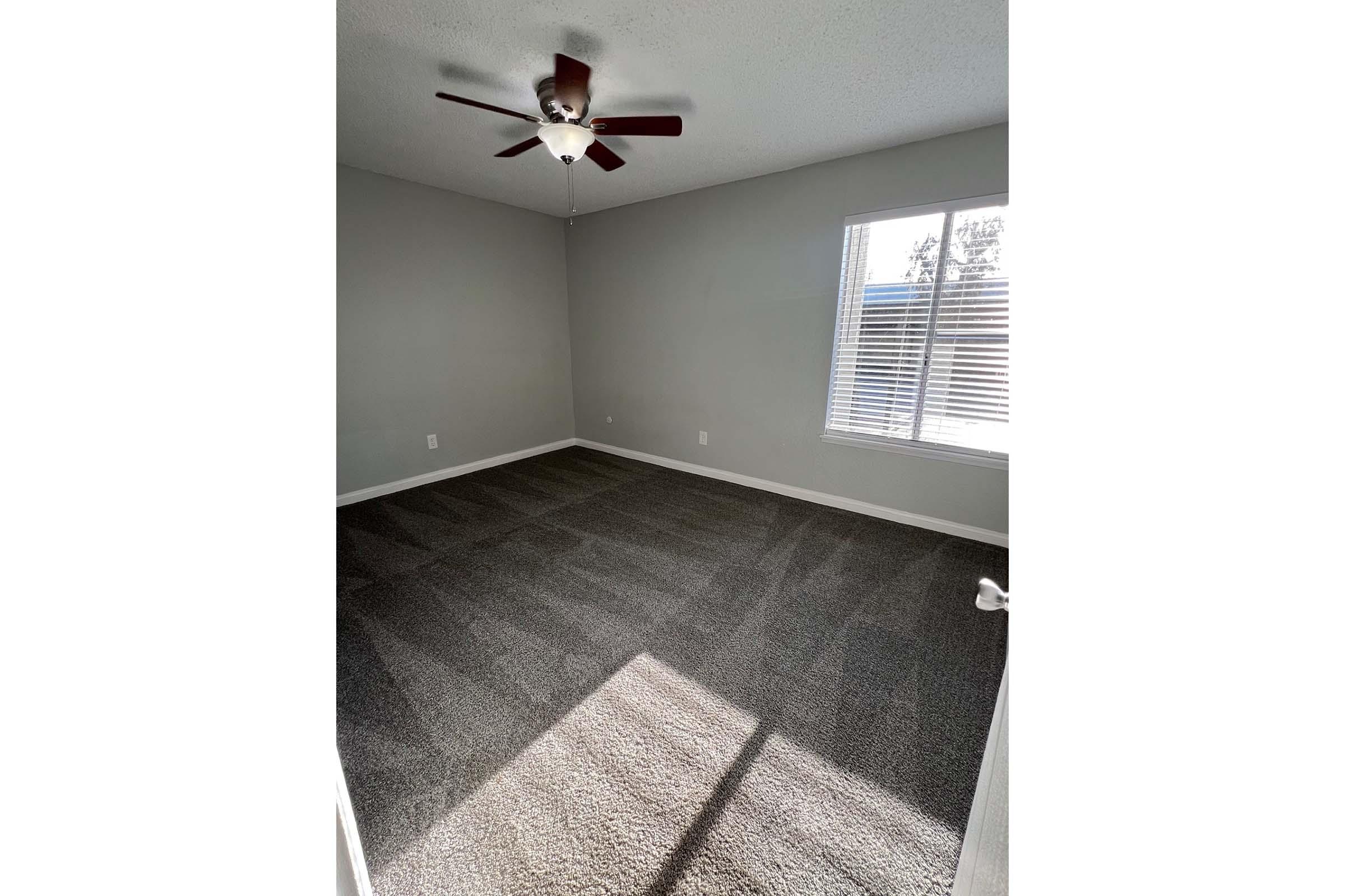 Empty room with light gray walls and a ceiling fan. The floor is covered in plush gray carpet. A window with slatted blinds allows natural light to enter, highlighting the spaciousness of the room. The overall atmosphere is bright and inviting, providing a blank canvas for personalization.