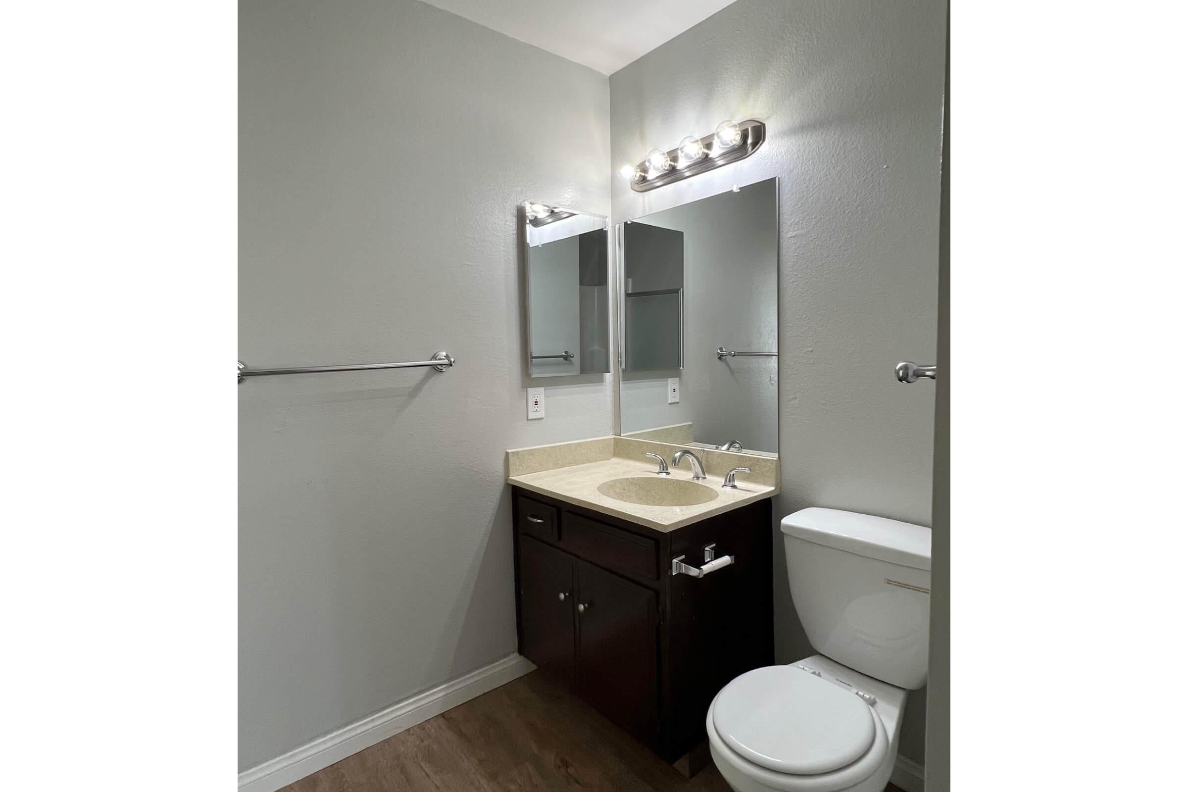 A modern bathroom featuring a double sink vanity with a beige countertop, two mirrors above the sinks, a toilet, and a wall-mounted towel bar. The walls are painted light gray, and there is a bright overhead light fixture. The flooring is a wood-like laminate.
