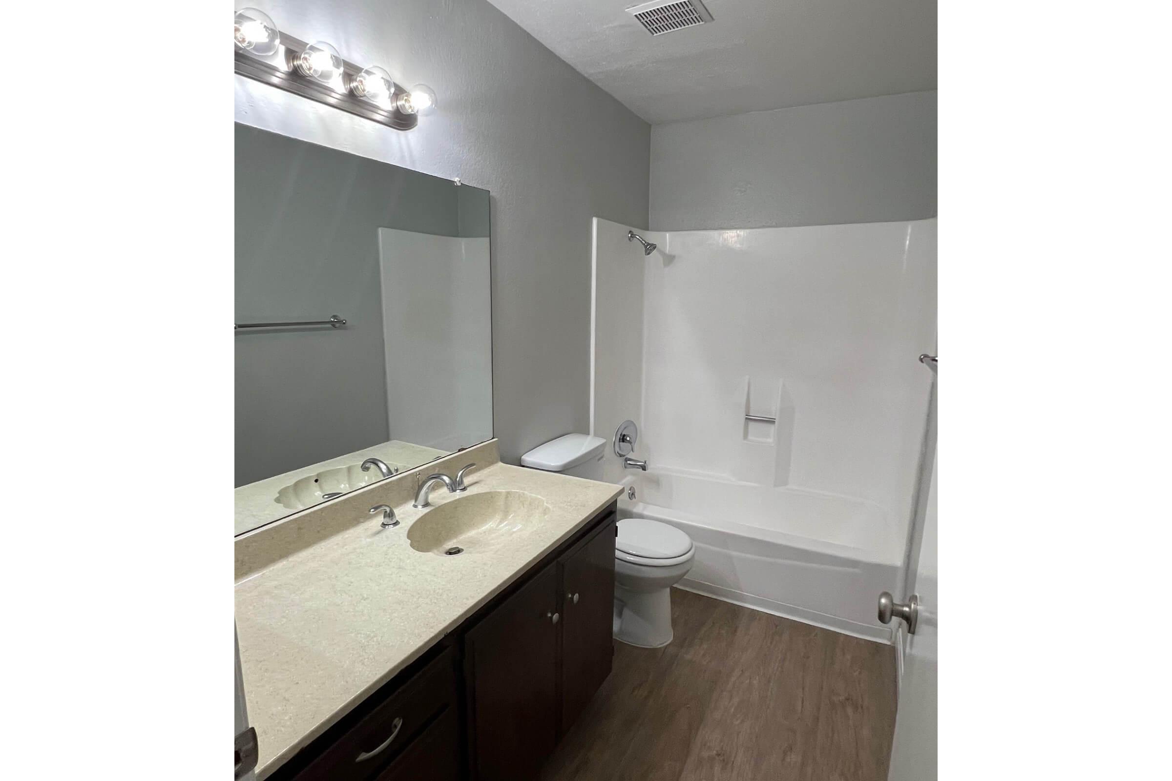 A clean bathroom featuring a single vanity with a sink, a large mirror above it, a toilet, and a bathtub with a shower. The walls are painted in a neutral tone, and the floor has a wood-like finish. Bright lighting is provided by a light fixture above the mirror.