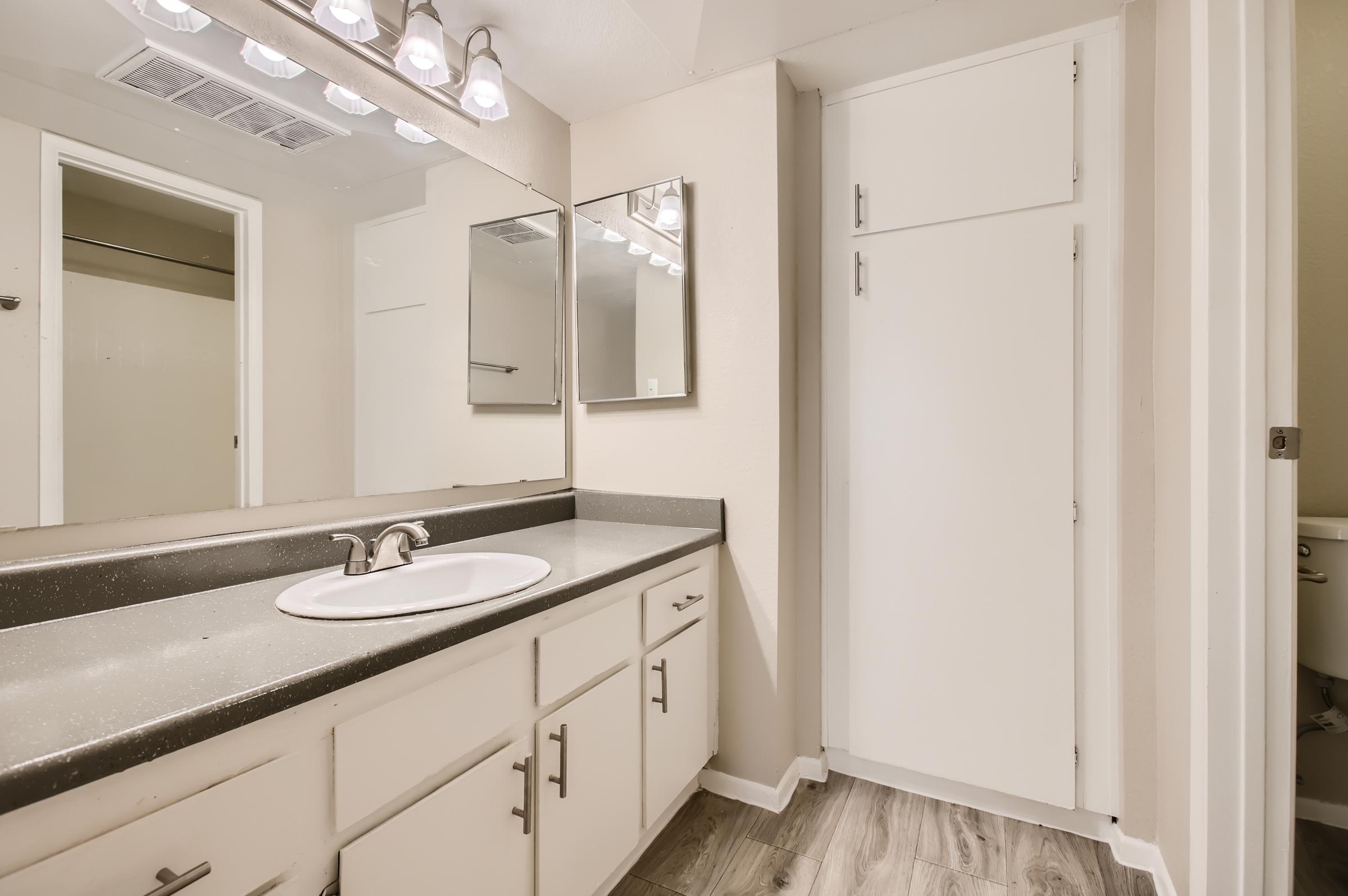 Rise Desert Cove apartment bathroom with a sink and mirror on the left and a storage closet in the front