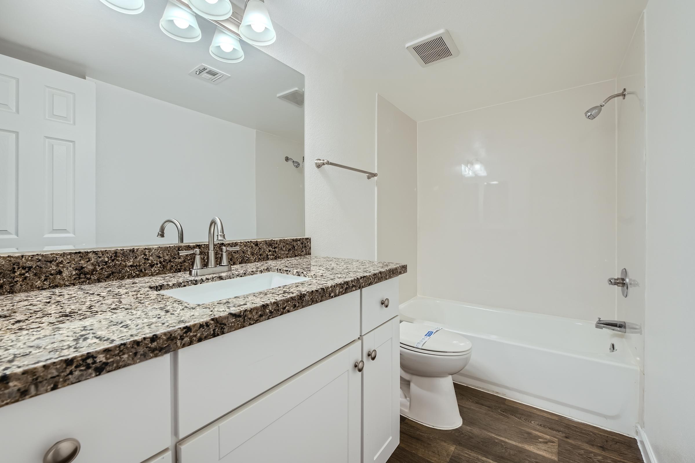 Phoenix apartment bathroom with a sink, mirror, granite countertops, toilet, and a tub