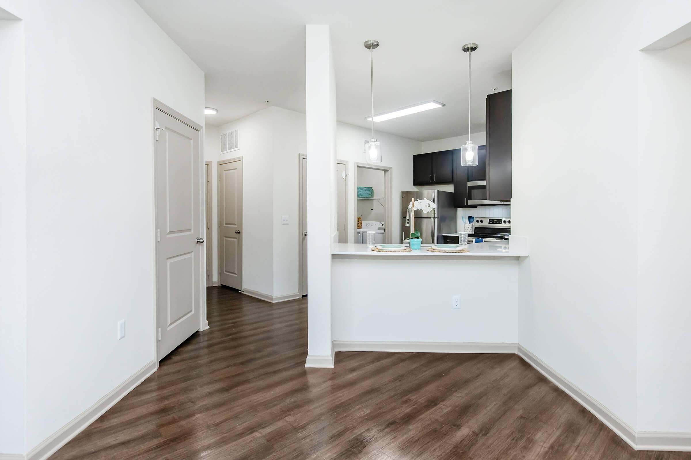 A modern, spacious apartment interior featuring a well-lit kitchen with dark cabinetry, a countertop with dining plates, and an open layout leading to a hallway. Light-colored walls and polished wooden flooring create a warm and inviting atmosphere.