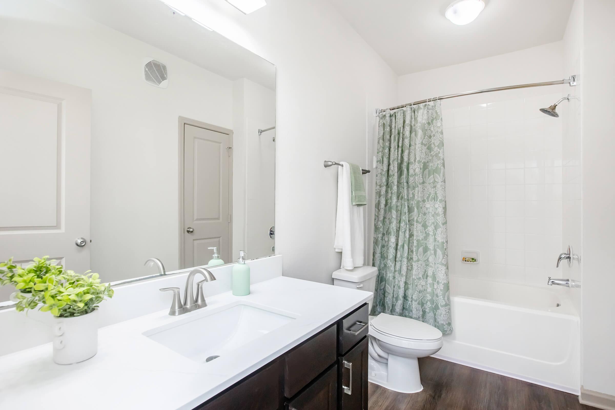 A modern bathroom featuring a white sink with a dark wood cabinet, a shower-tub combo with a green patterned curtain, a toilet, and a large mirror. Natural light illuminates the space, complemented by a small potted plant on the countertop. The walls are painted in neutral tones.