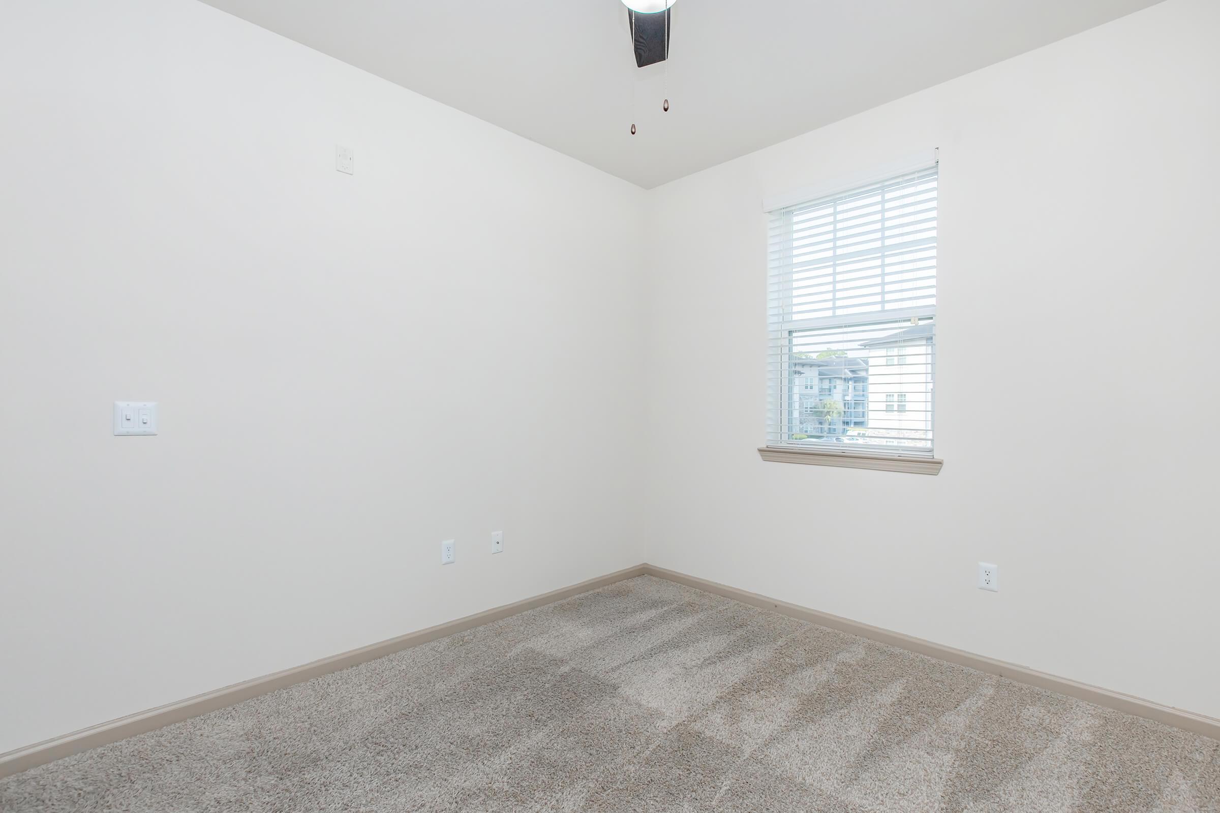 Empty room with light beige walls and carpeted flooring. A single window with white blinds allows natural light in. Light fixture on the ceiling is visible, and wall switches and outlets are present. The space appears clean and ready for furnishing.