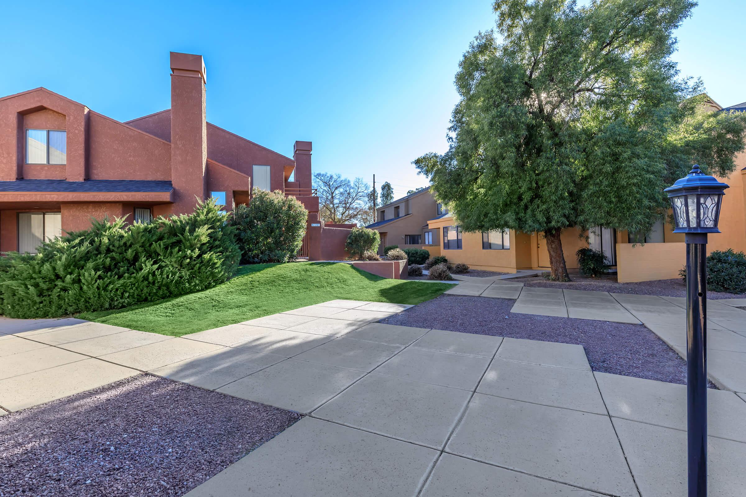 a path with trees on the side of a building