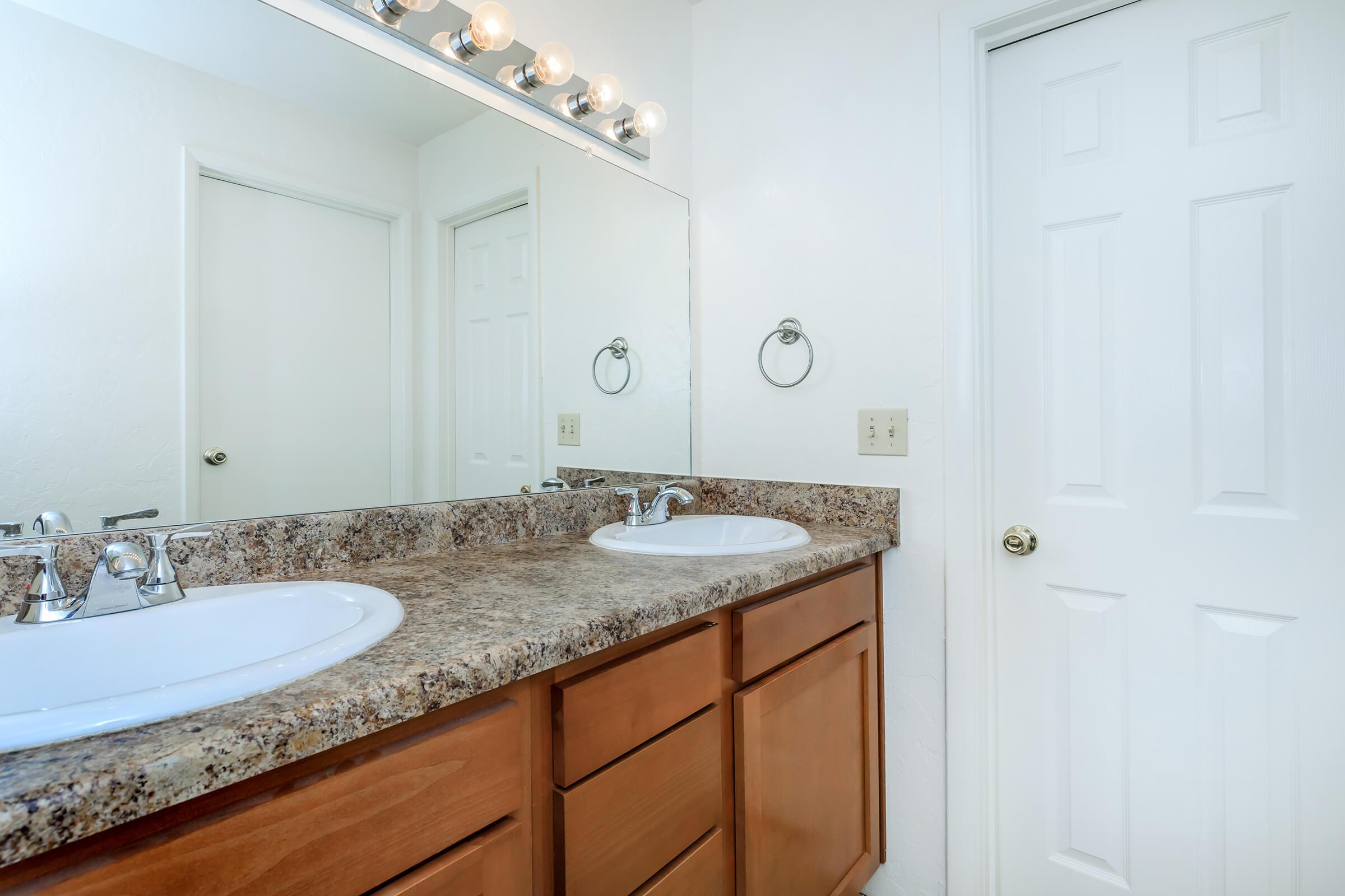 a double sink and large mirror