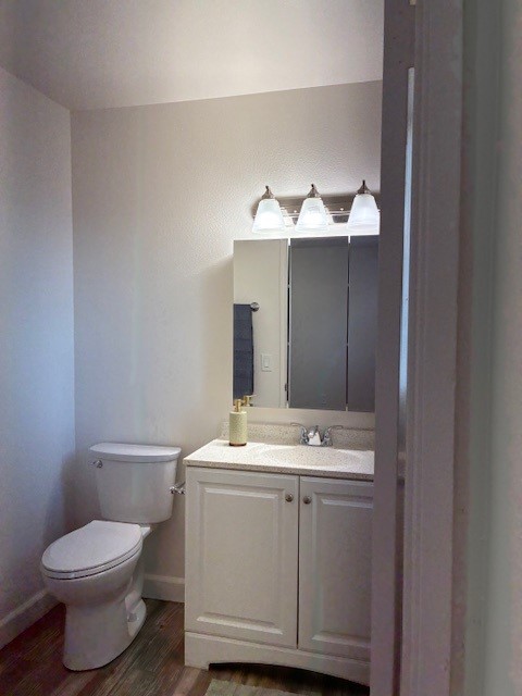 A bright bathroom featuring a white vanity with a sink, a large mirror, and three light fixtures above. There is a towel hanging on the side and a white toilet visible. The walls are painted in a light color, and the flooring appears to be wooden.