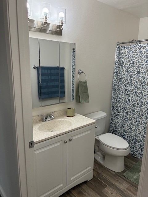 A well-lit bathroom featuring a vanity with a countertop sink, a large mirror, and two wall lights. There is a blue towel hanging on the towel rack, a green towel on a ring, and a floral shower curtain. The floor has wooden planks, and the space is clean and organized.