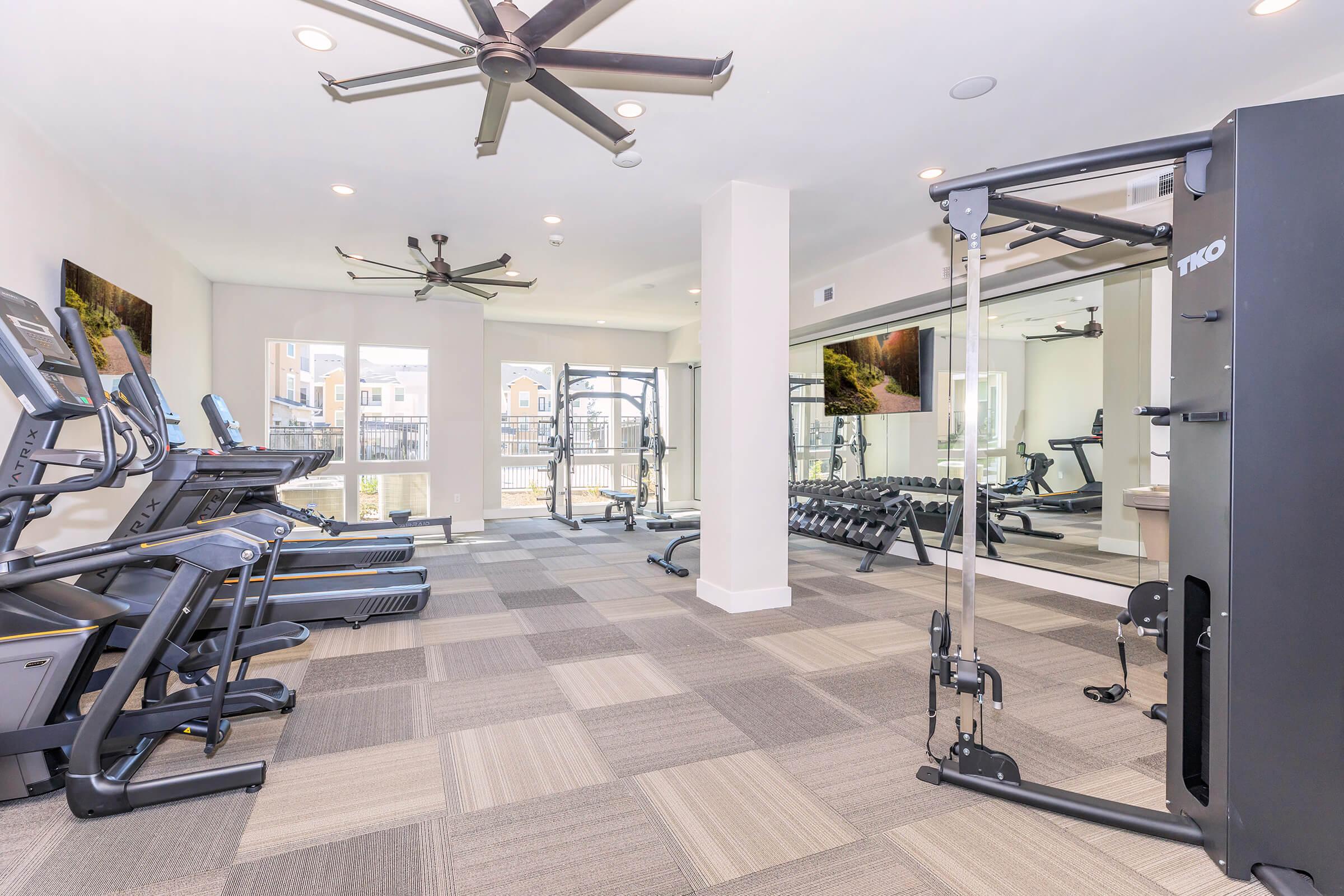 Modern fitness room featuring treadmills, elliptical machines, and a cable machine. Large windows provide natural light, and ceiling fans circulate air. The space has a clean and contemporary design with gray and beige carpeting, and large mirrors enhancing the open feel.