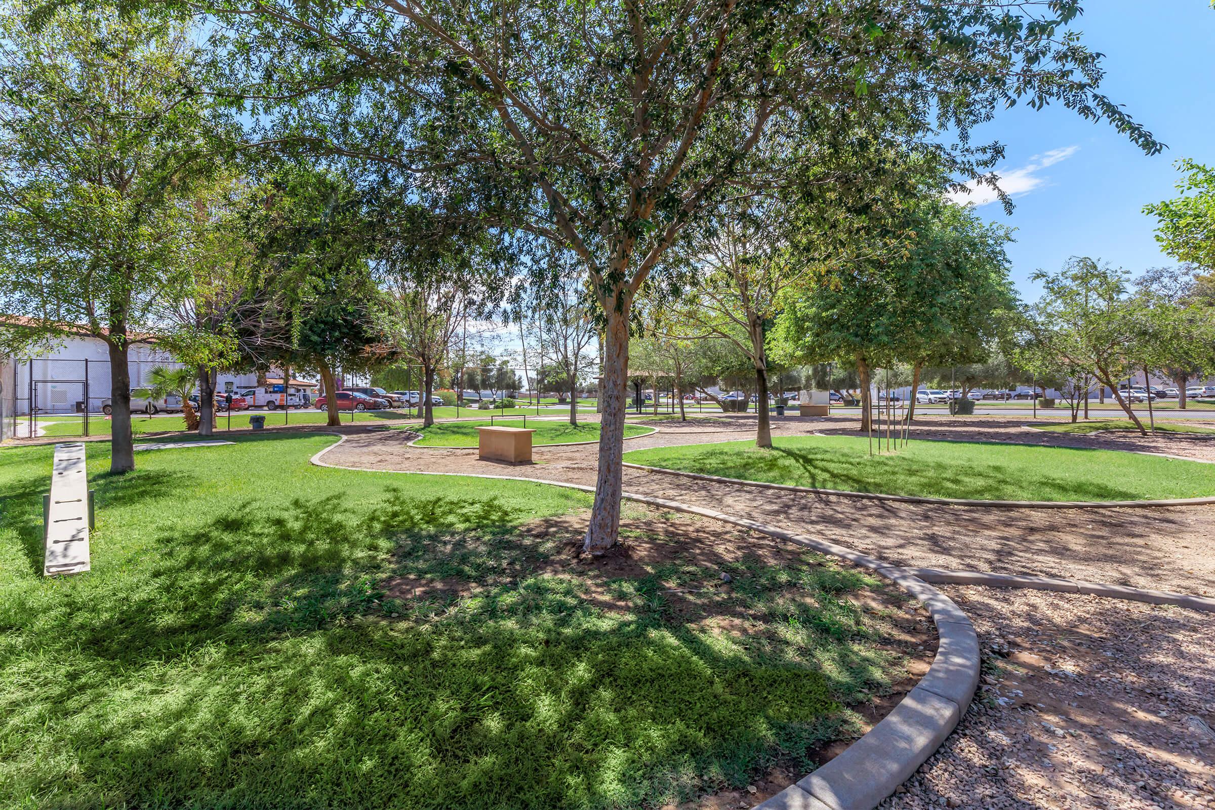 A peaceful park scene featuring green grass, scattered trees, and winding pathways. A small wooden bench is visible on the grass, surrounded by well-maintained landscaping. The background includes a hint of buildings and additional trees under a clear blue sky.