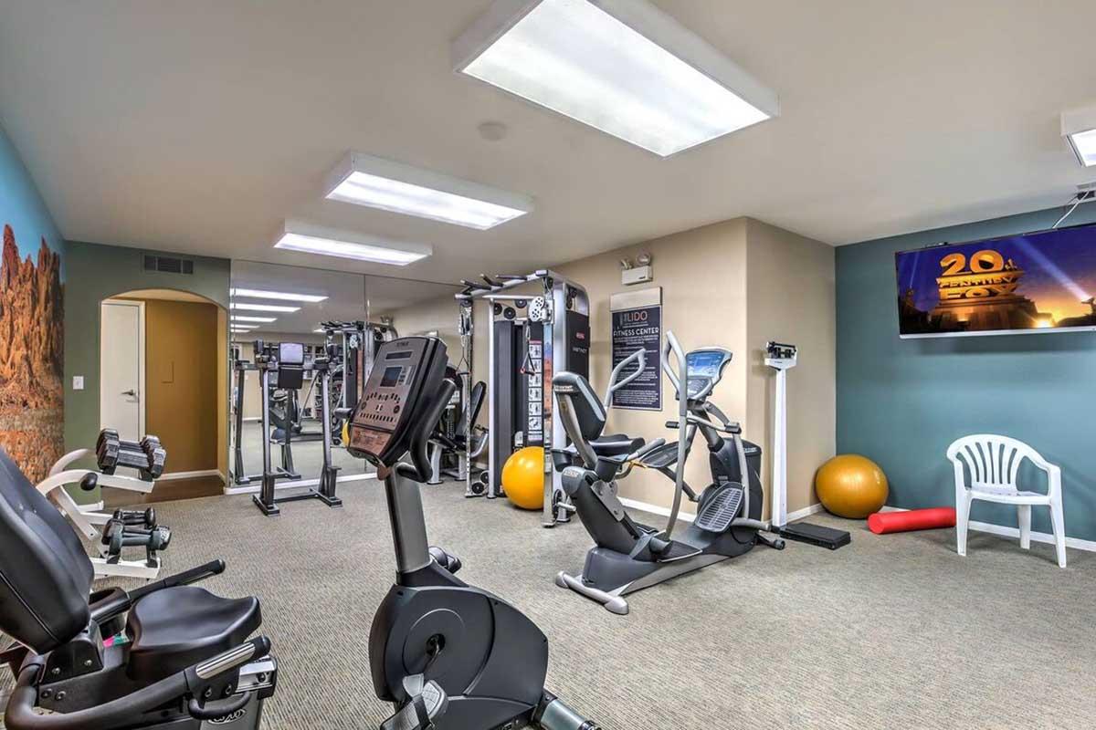A well-equipped fitness room featuring exercise machines like stationary bikes, ellipticals, and weight machines, along with a large exercise ball and a chair. The room is bright with overhead lights and includes a wall-mounted TV displaying information.