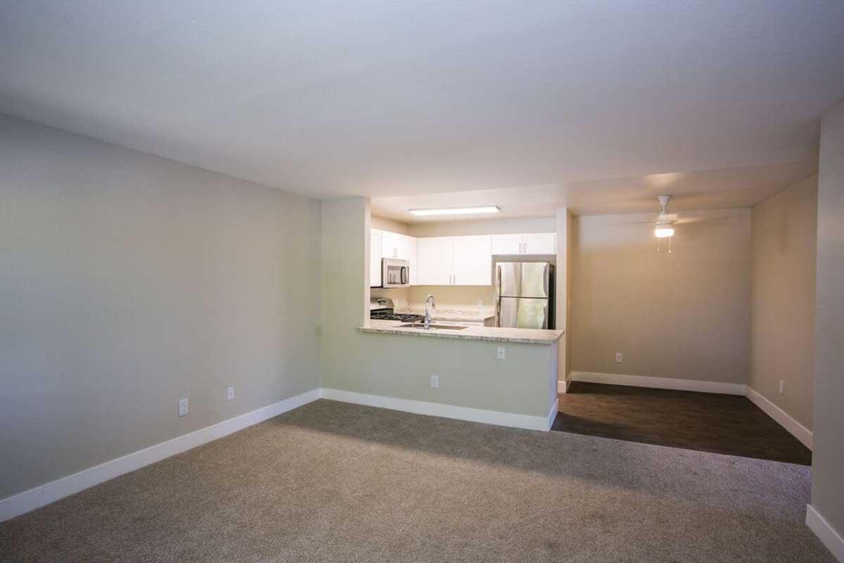 A spacious apartment interior featuring a living area with carpeted flooring, a modern kitchen with stainless steel appliances, white cabinetry, and a dining space. The walls are painted in a light color, and the area is well-lit, creating a welcoming atmosphere.