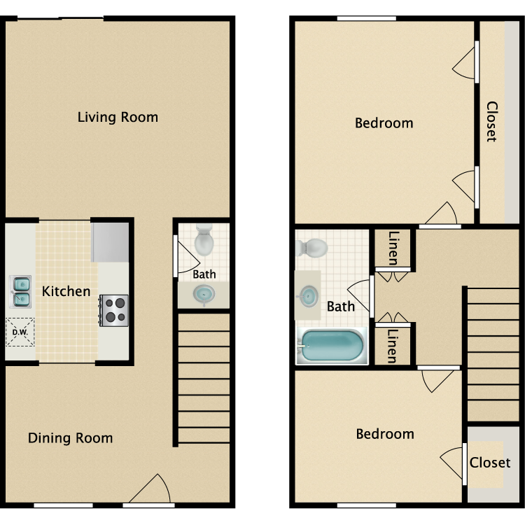 Plan A, a 2 bedroom 1.5 bathroom floor plan.
