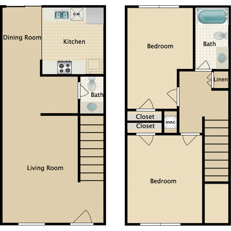 Plan B, a 2 bedroom 1.5 bathroom floor plan.