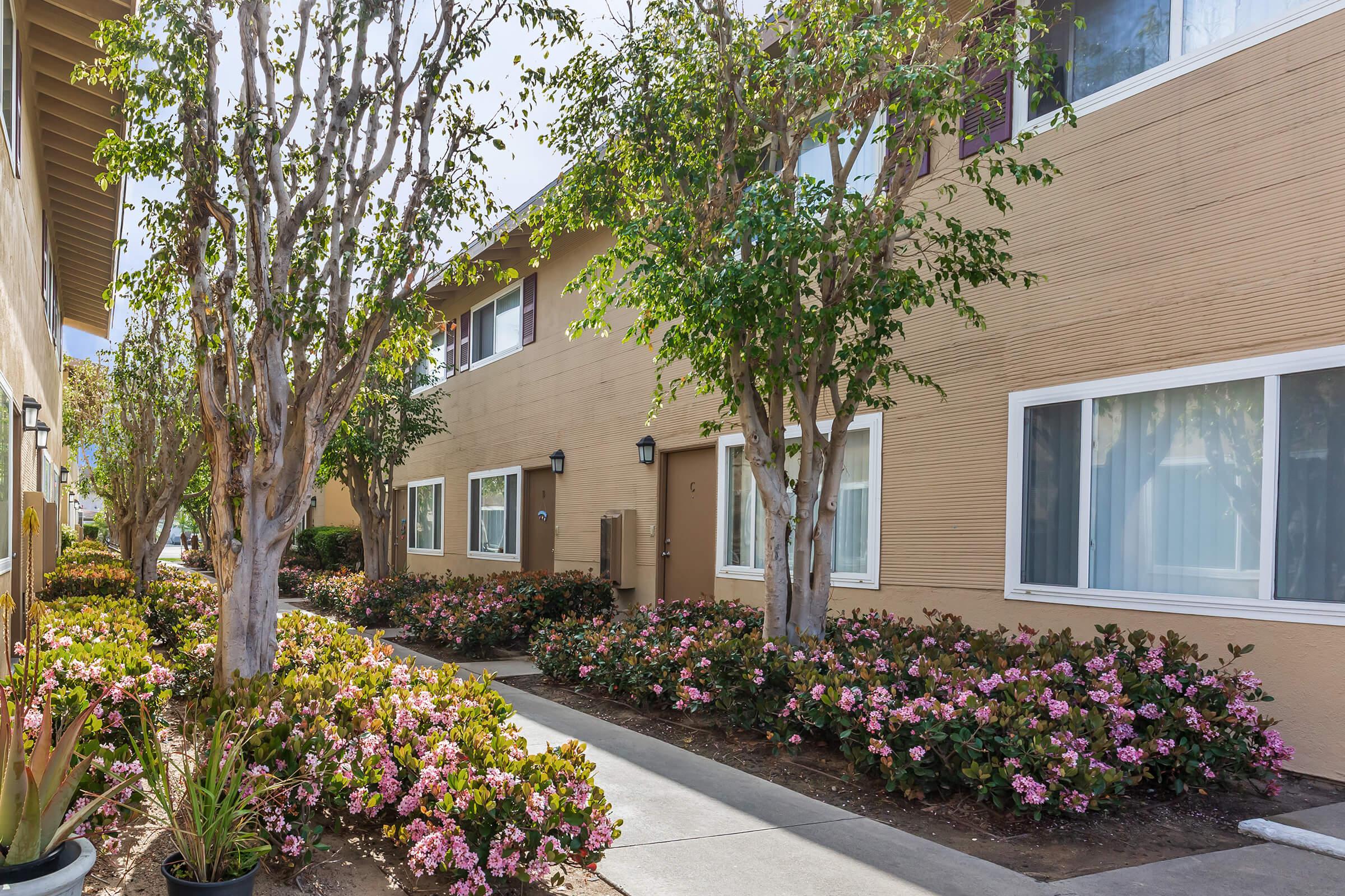 Walkway between buildings with green landscaping