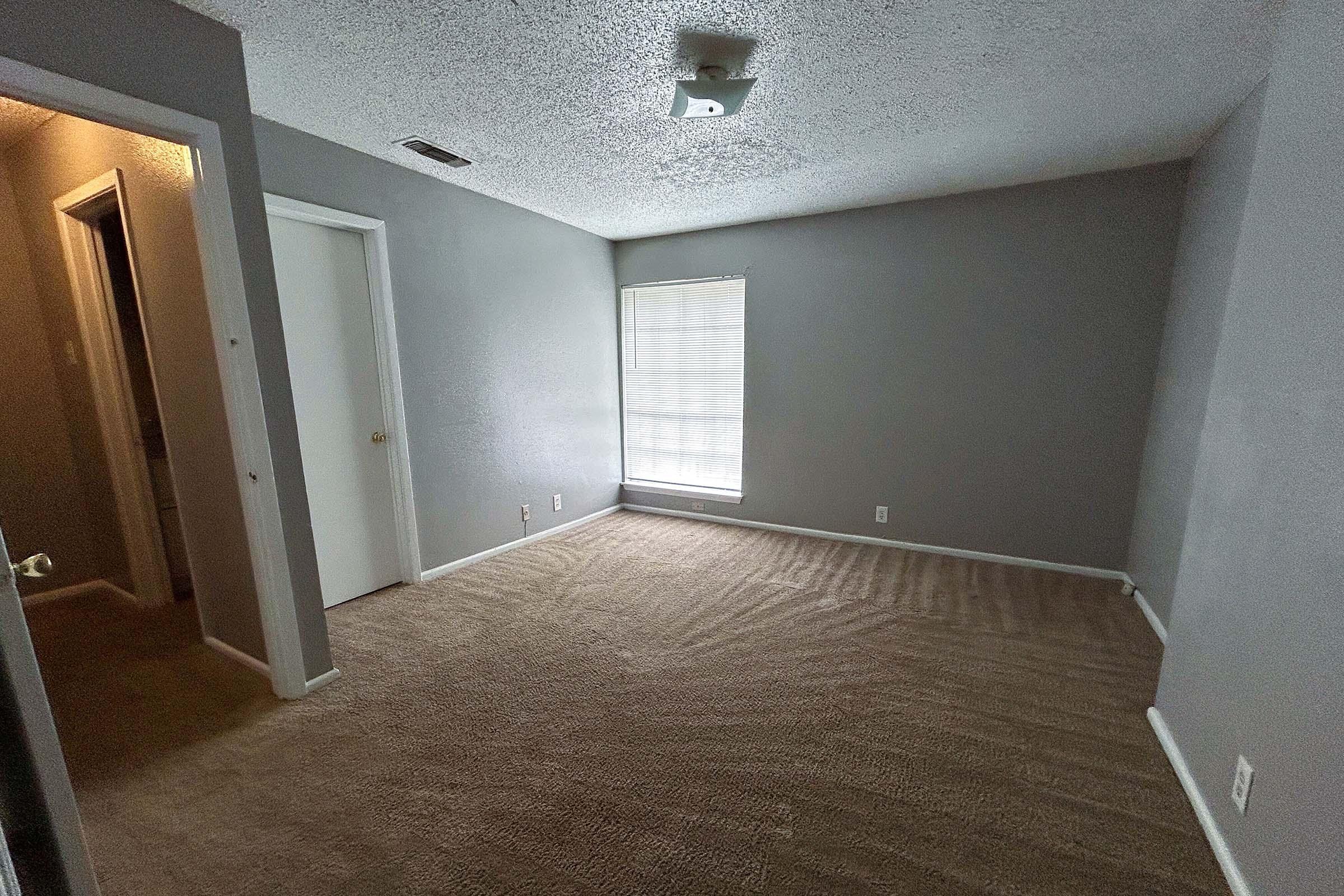 Empty room with light gray walls and beige carpet. A window on the right with blinds allows natural light to enter. An open door leads to a hallway on the left. The ceiling has a light fixture, and the overall space appears clean and devoid of furniture.