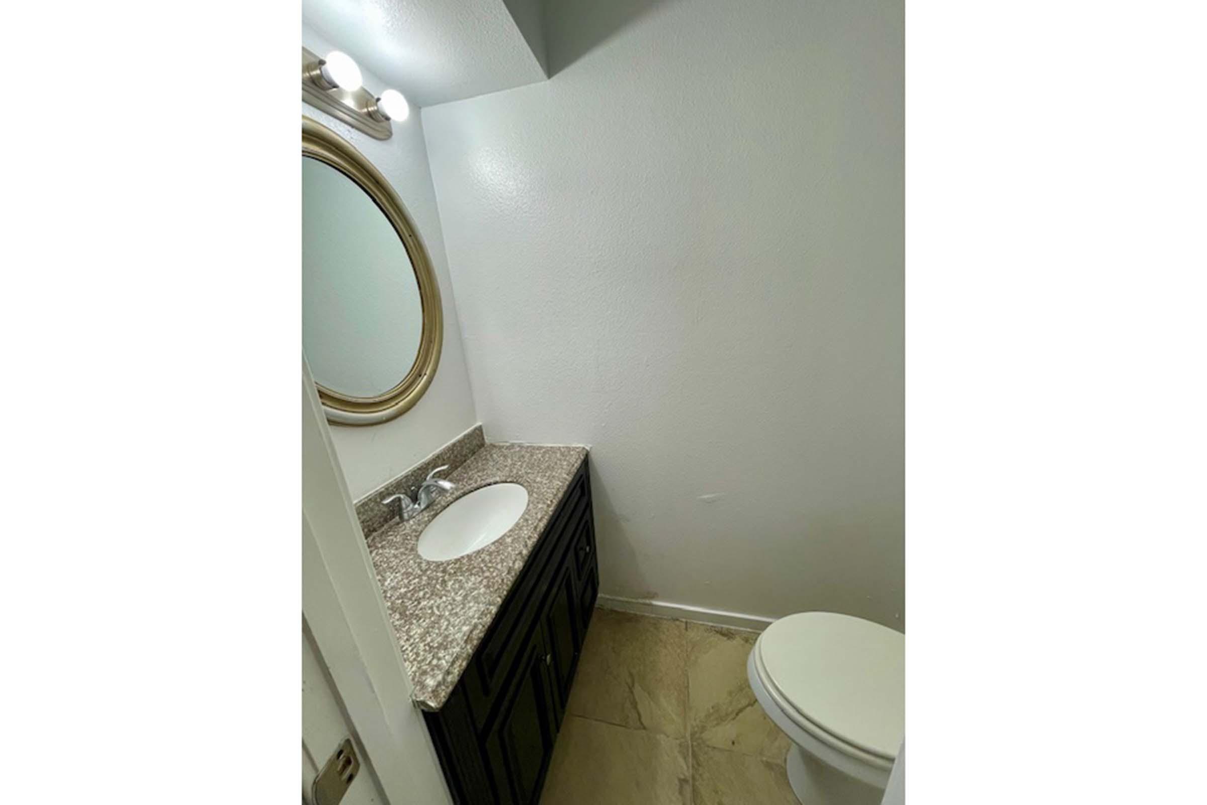 A small bathroom featuring a circular mirror above a granite countertop with a sink. The dark cabinetry contrasts with the light-colored walls. A toilet is positioned to the right on a tiled floor. The lighting includes three bulbs above the mirror, providing ample illumination.