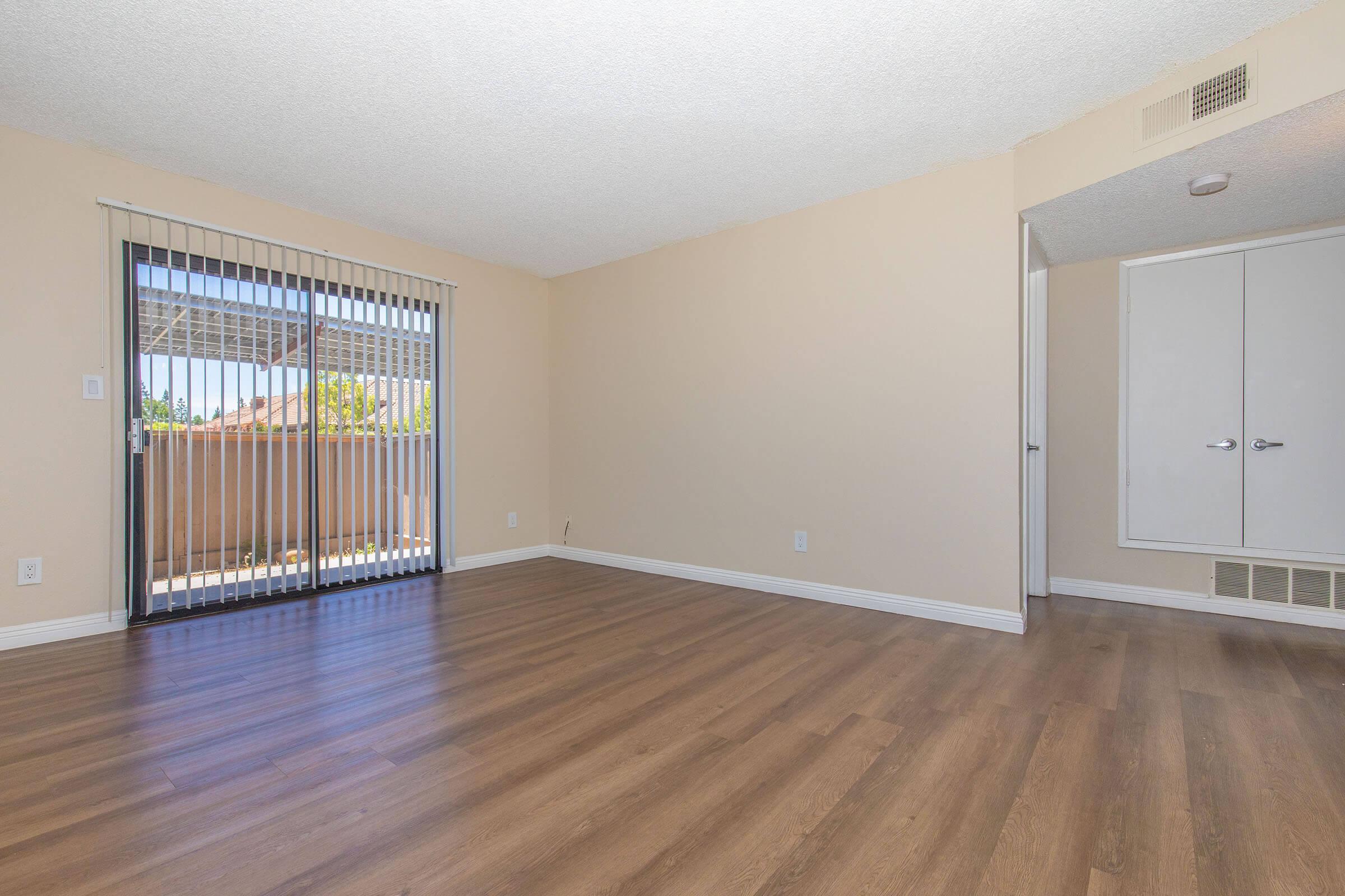 Empty room with light beige walls and wooden flooring. A set of vertical blinds covers a sliding glass door leading to an outdoor area. There is a closet on the right side, and the space is well-lit with natural light coming through the door.