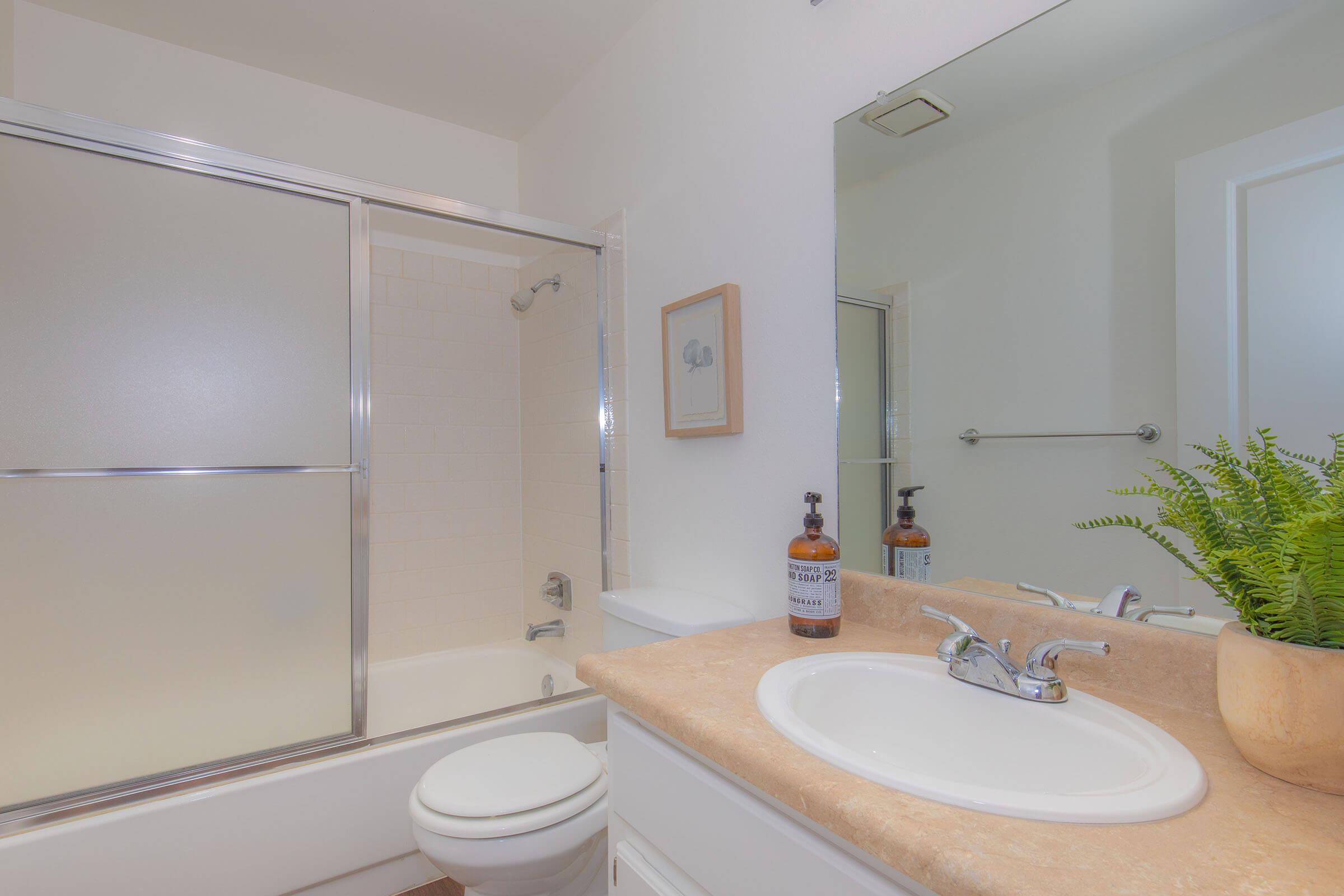 A clean and bright bathroom featuring a bathtub with a glass shower door, a white sink with a beige countertop, a framed picture on the wall, a bottle of soap, and a green potted plant on the counter. The mirror reflects the space, enhancing its openness.