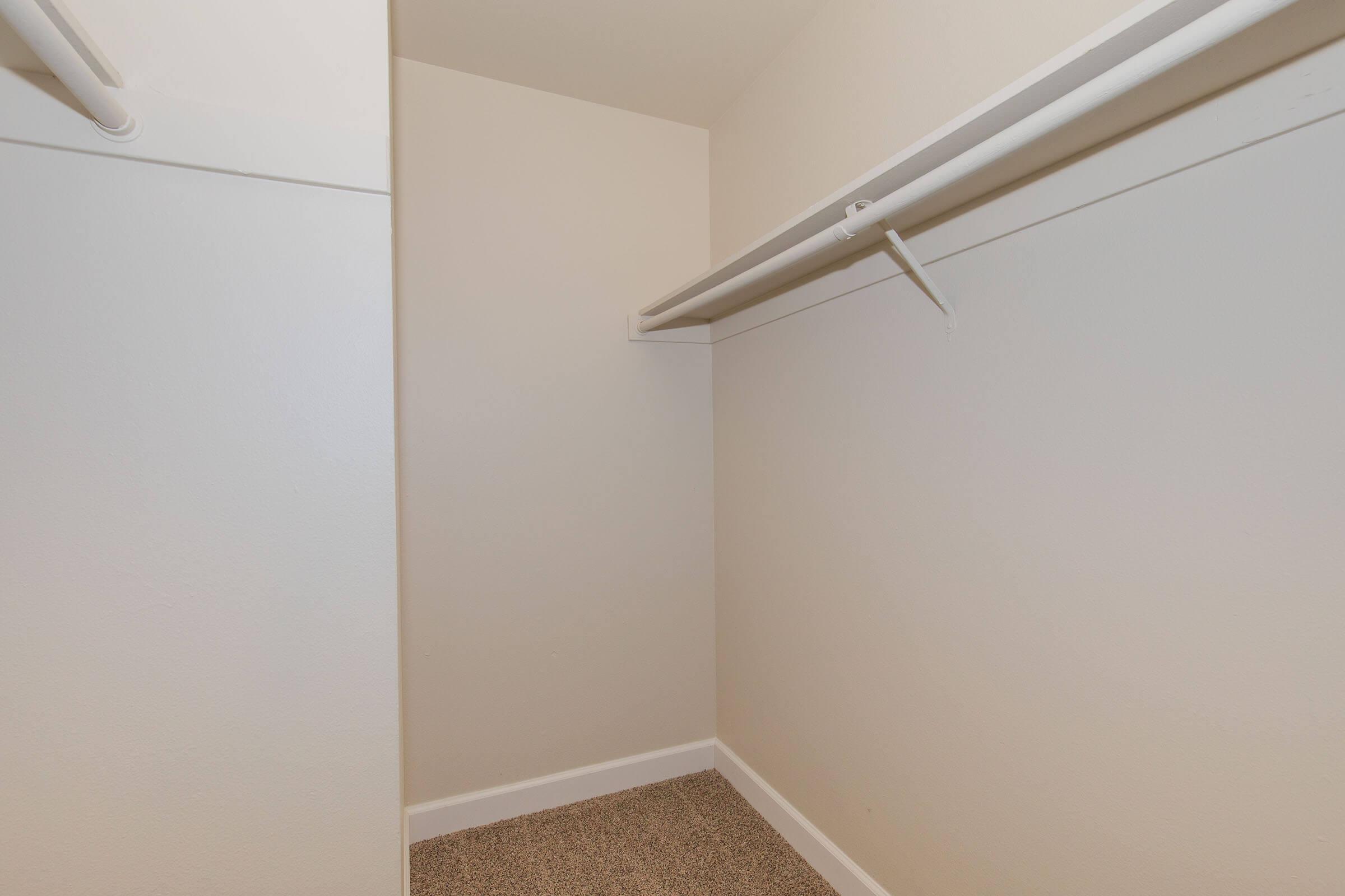 An empty walk-in closet featuring beige walls, a light-colored carpet on the floor, and a single horizontal clothing rod mounted along one side. The space is well-lit, creating a clean and simple aesthetic, ideal for storage or organization.