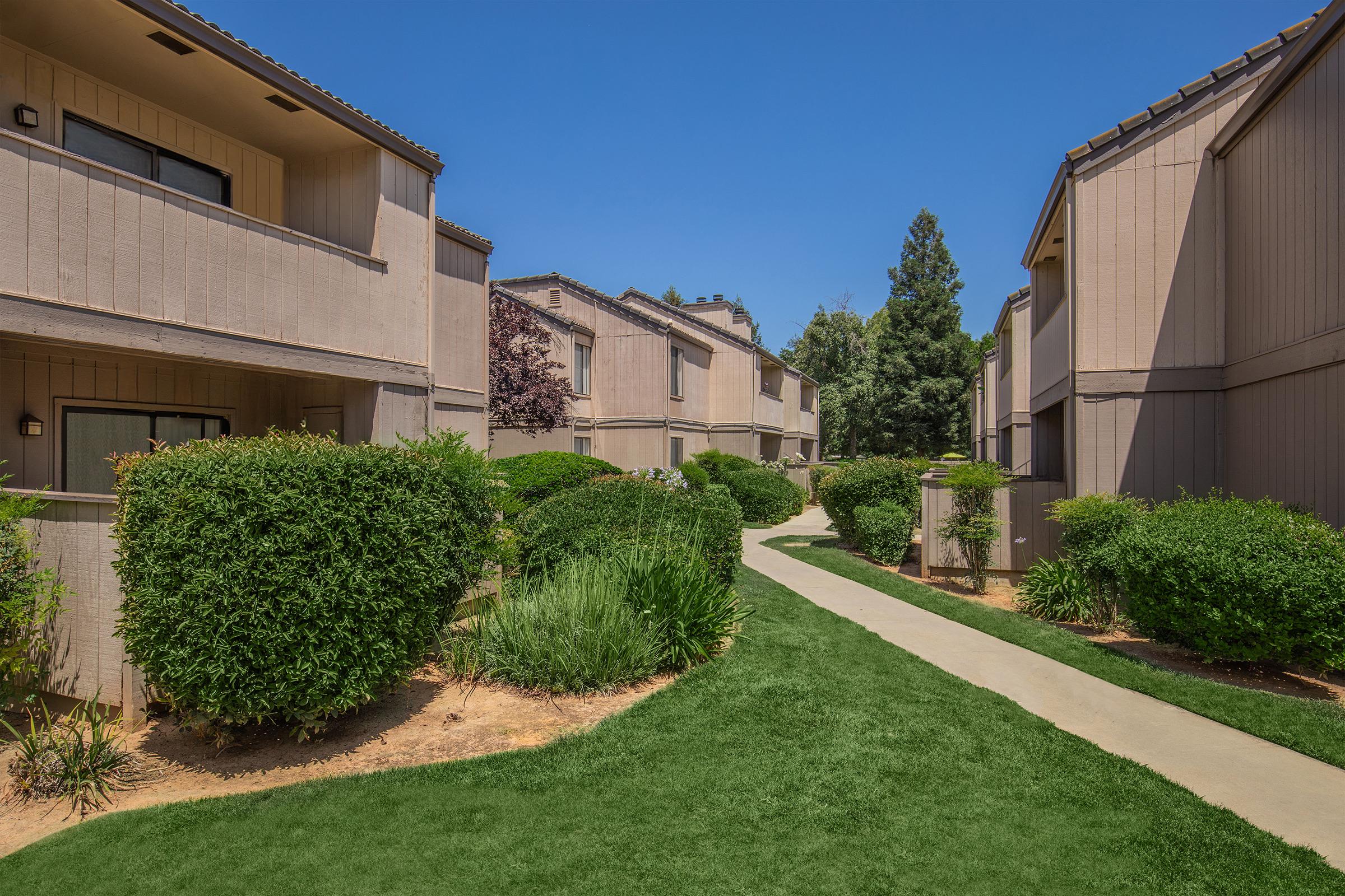 Pathway through a landscaped area lined with bushes and grasses, leading to two-story apartment buildings. The scene is set on a sunny day with clear blue skies and well-maintained greenery, creating a serene residential environment.
