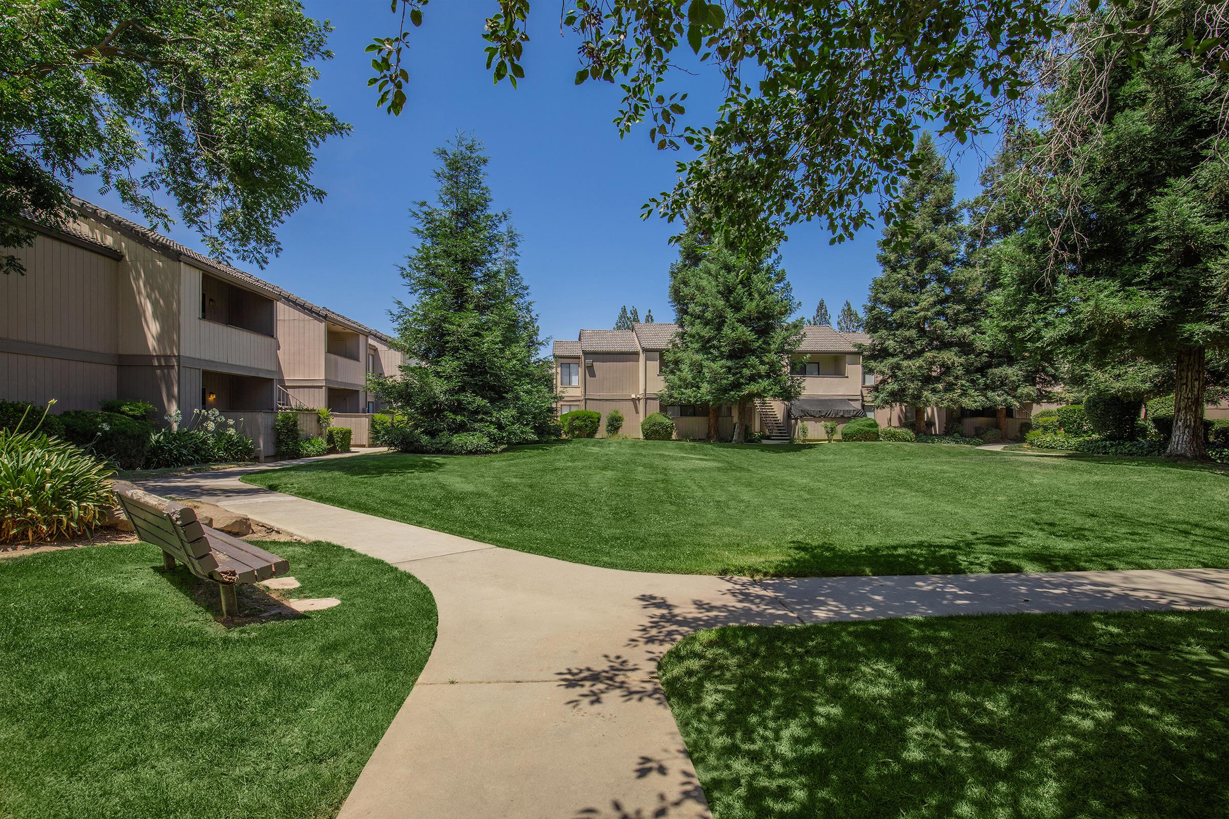 A green lawn surrounded by trees and apartment buildings. A paved walkway curves through the grass, leading to a bench. The scene is bright and sunny, with clear blue skies above.