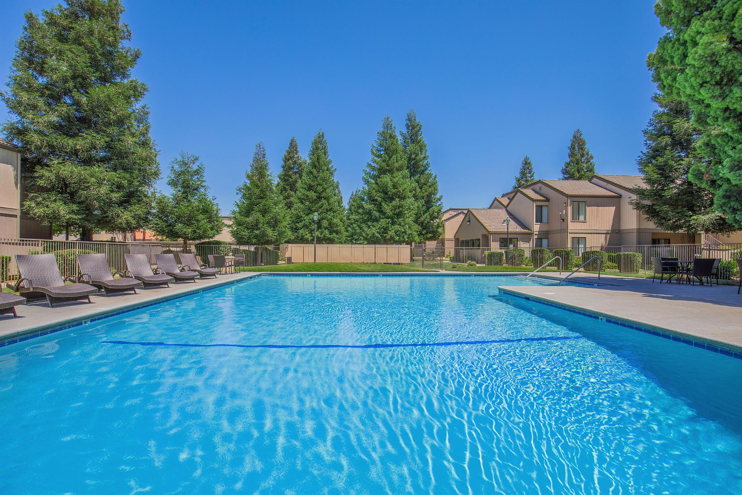 A serene swimming pool surrounded by lounge chairs and tall evergreen trees, with residential buildings in the background. The water is clear and inviting, reflecting the bright blue sky.