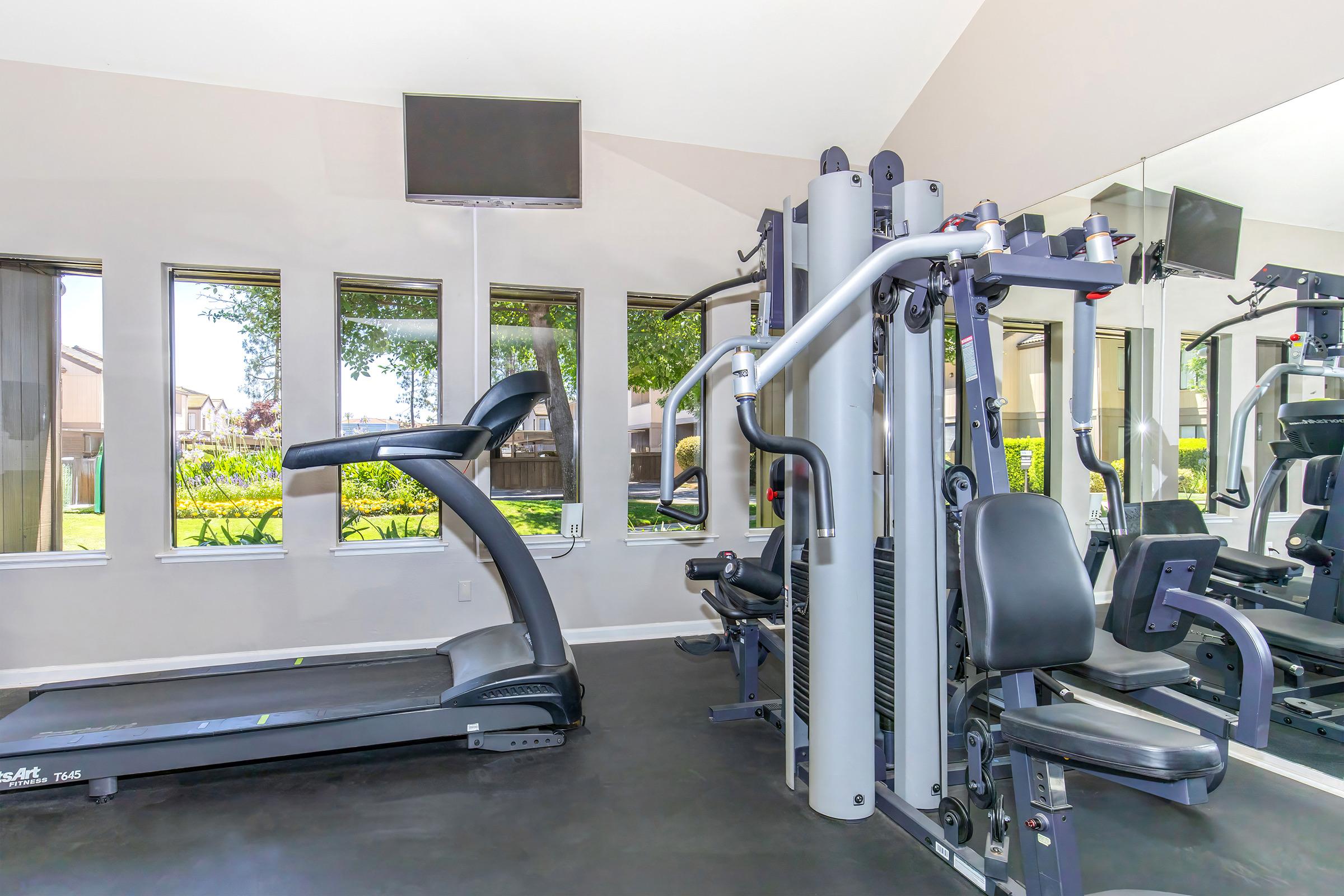 A modern gym interior featuring a treadmill and multi-gym machine. Large windows allow natural light to illuminate the space, providing a view of greenery outside. A flat-screen TV is mounted on the wall, and the flooring is dark, creating a sleek workout environment.