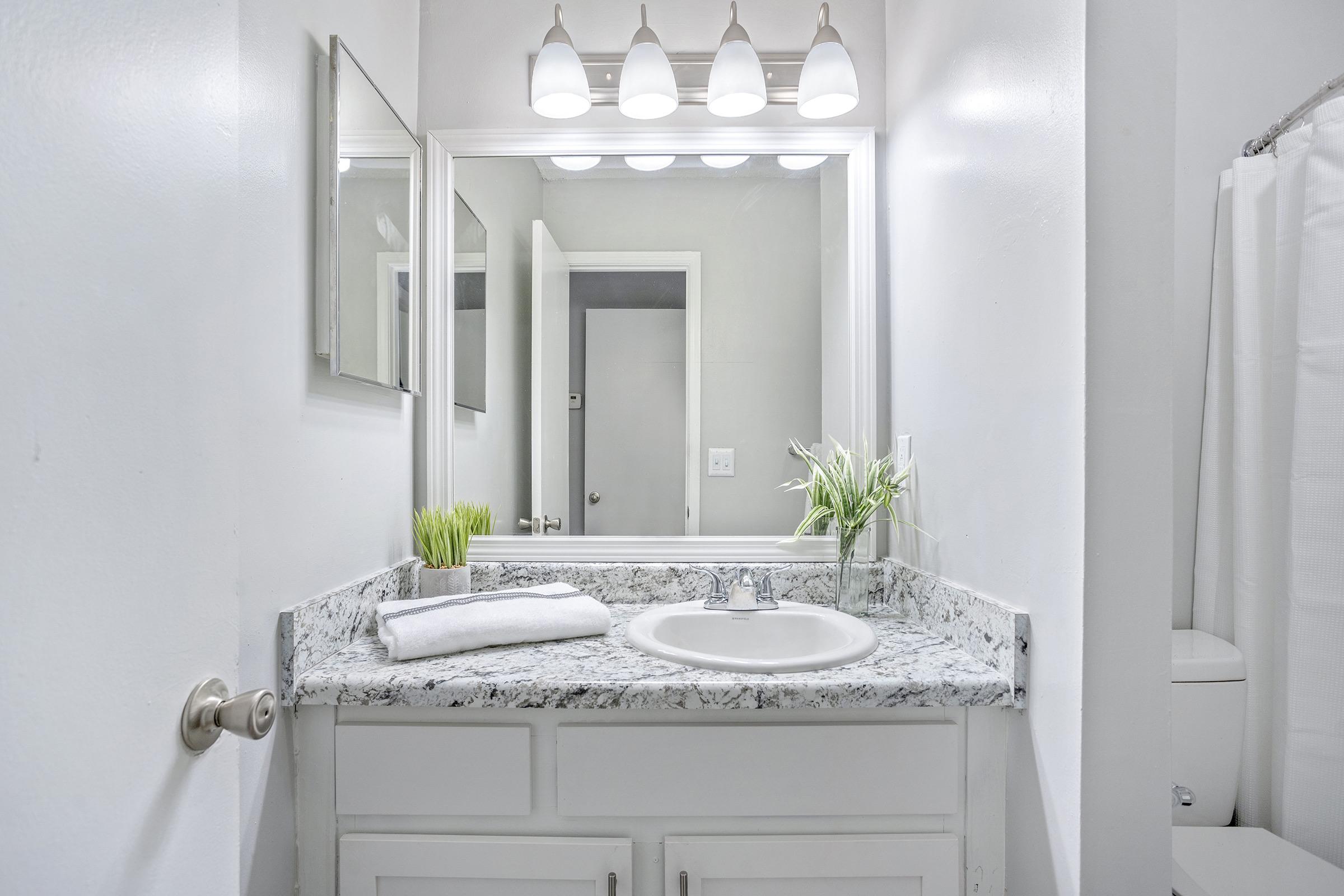 A clean and modern bathroom featuring a granite countertop with a white sink, a folded towel, and decorative plants. The area is well-lit by four overhead lights and includes a large mirror. A shower curtain is visible on the right, and a door leads to another room in the background.