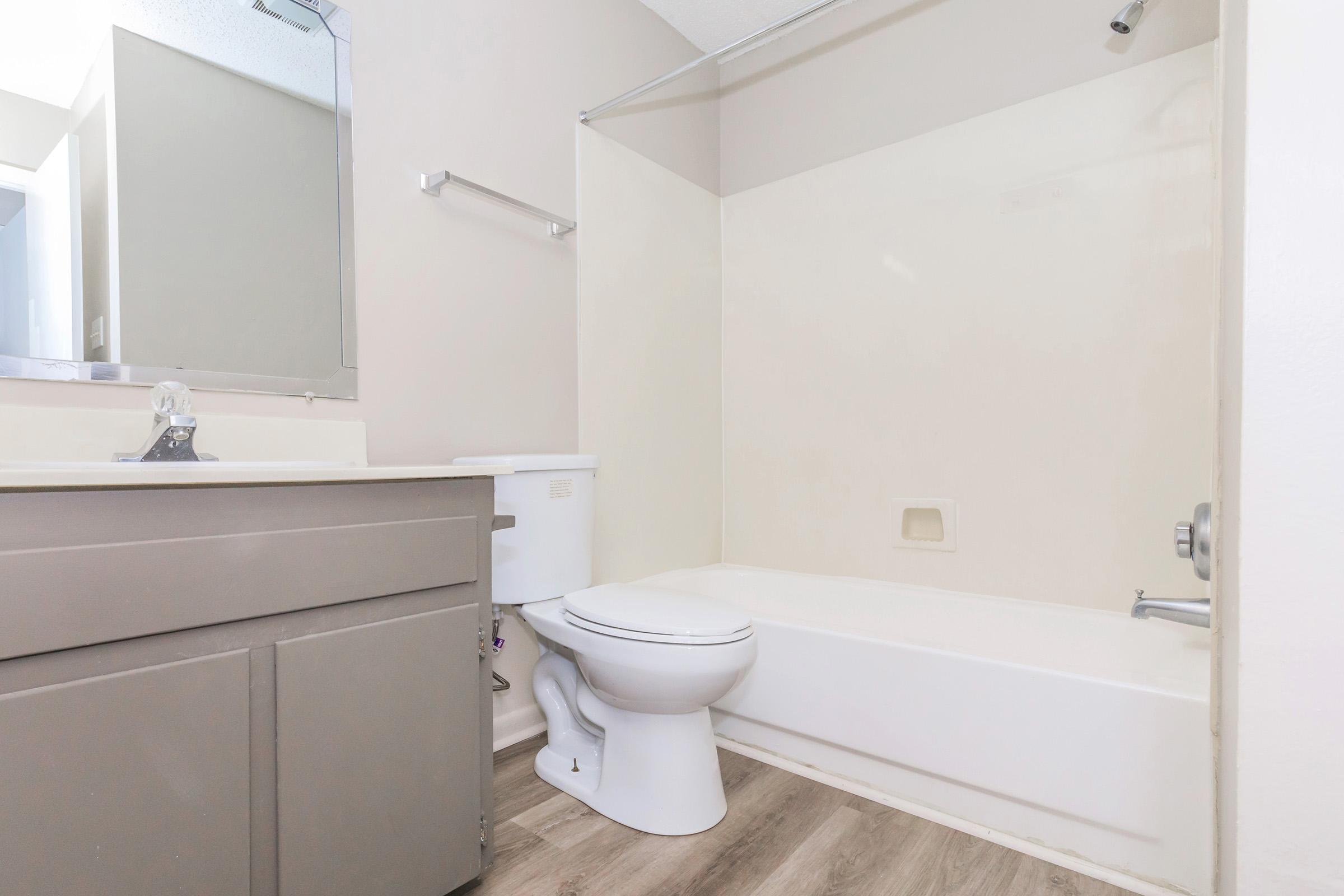 A clean and simple bathroom featuring a bathtub with a shower curtain, a toilet, a sink with a cabinet underneath, and a large mirror. The walls are painted in a neutral tone, and the flooring is a light wood look. The space is well-lit and uncluttered.