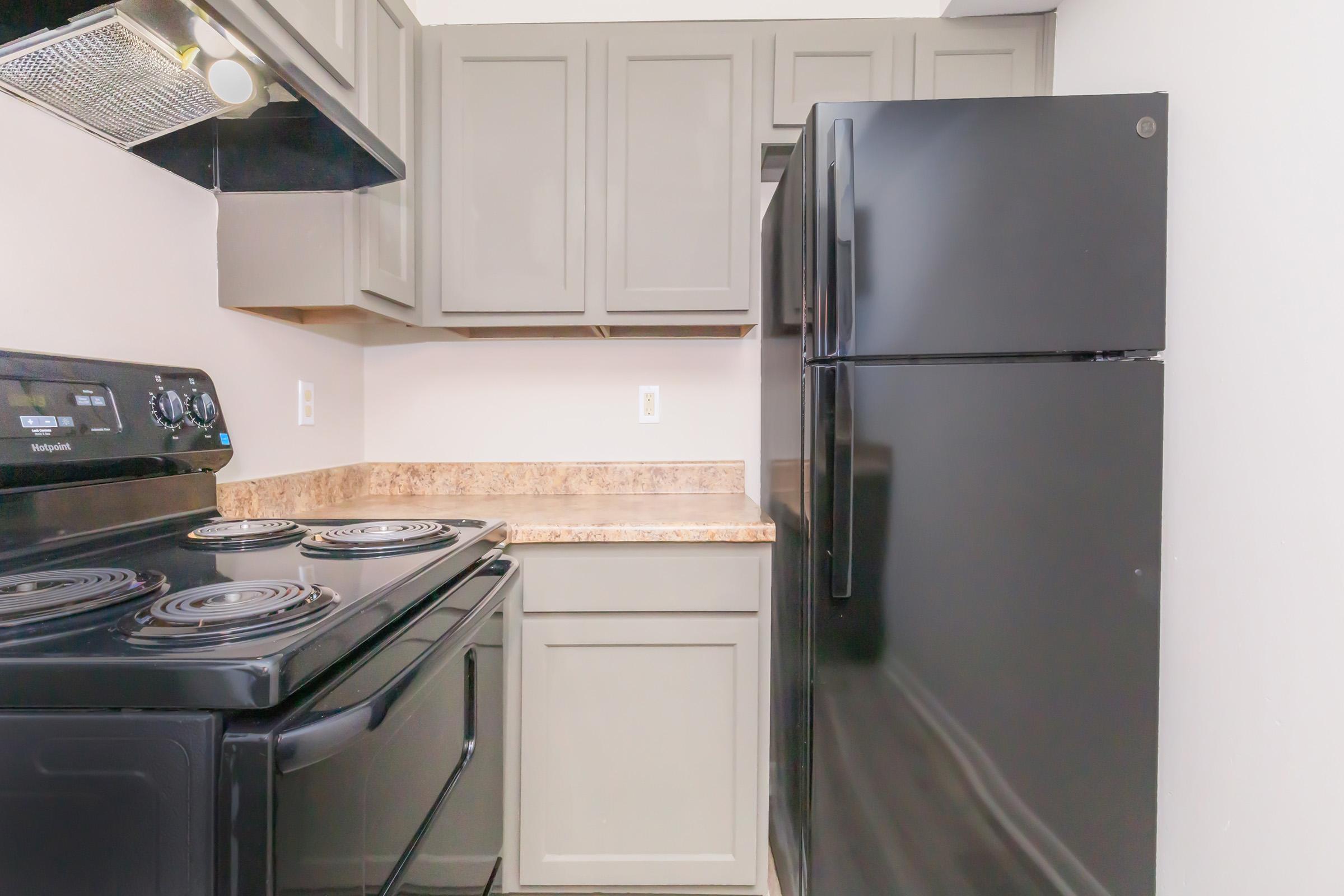 Modern kitchen featuring black appliances, including a stove and refrigerator, set against gray cabinets and a light countertop. The layout is compact, with the stove on the left and fridge on the right, creating an efficient workspace. Bright lighting enhances the clean, contemporary design.