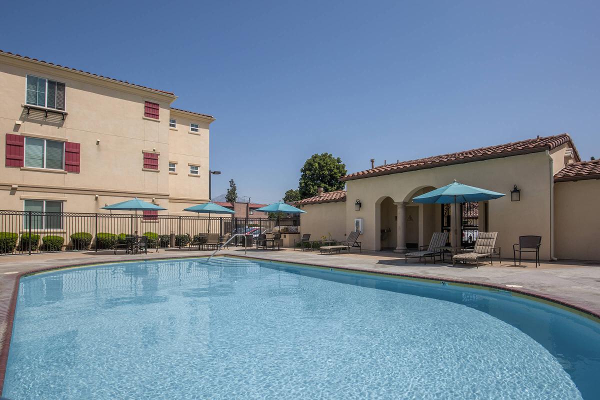 a pool next to a building