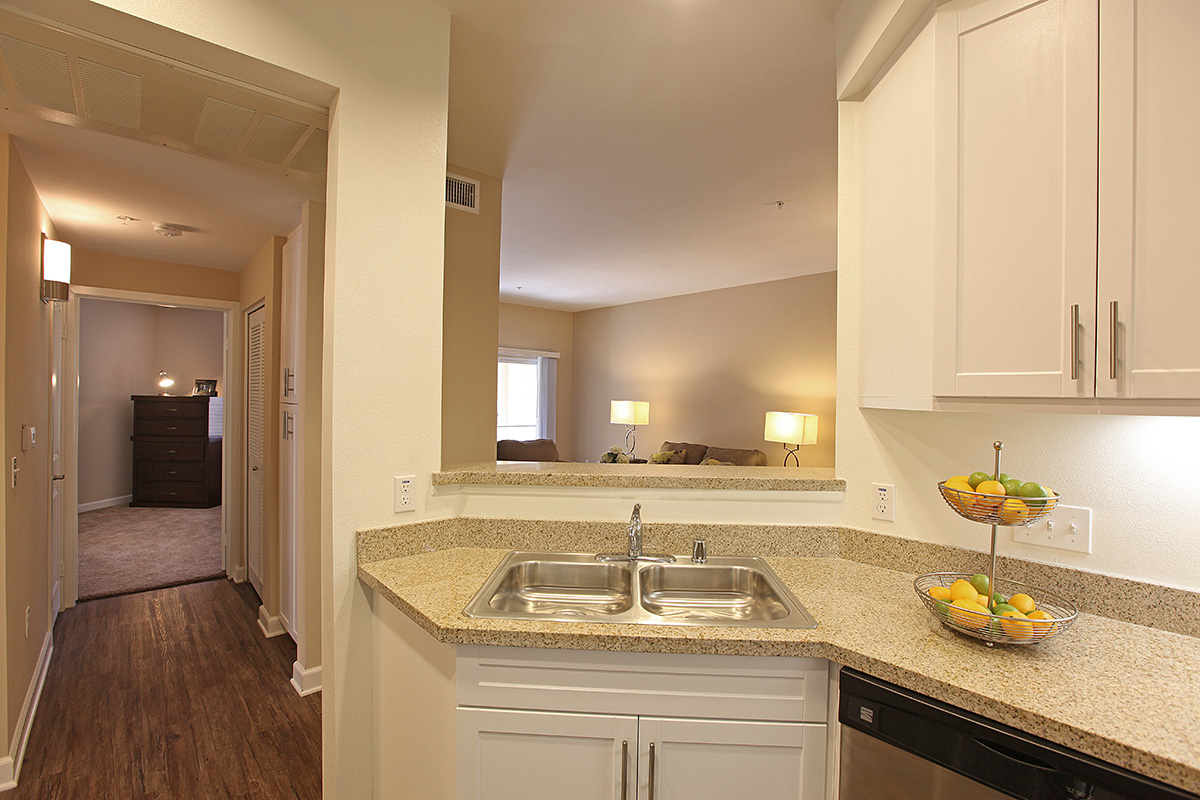 a kitchen with a sink and a mirror